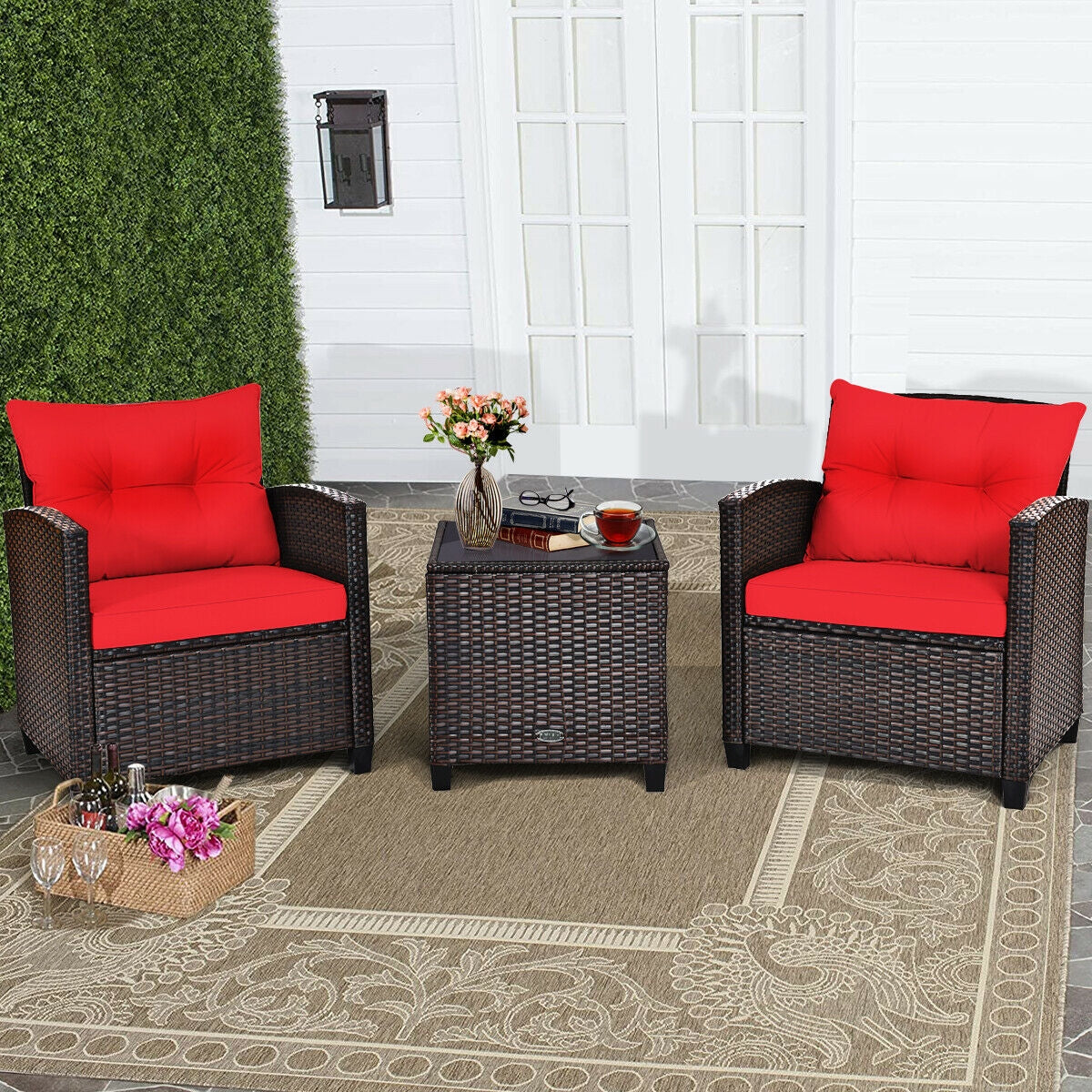 3 Pieces Cushioned Rattan Patio Conversation Set with Coffee Table-RedÂ