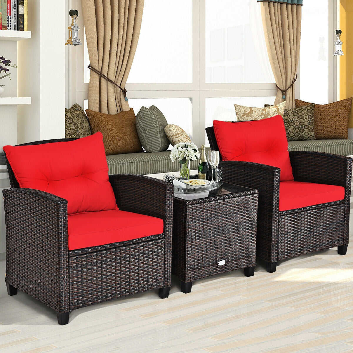3 Pieces Cushioned Rattan Patio Conversation Set with Coffee Table-RedÂ