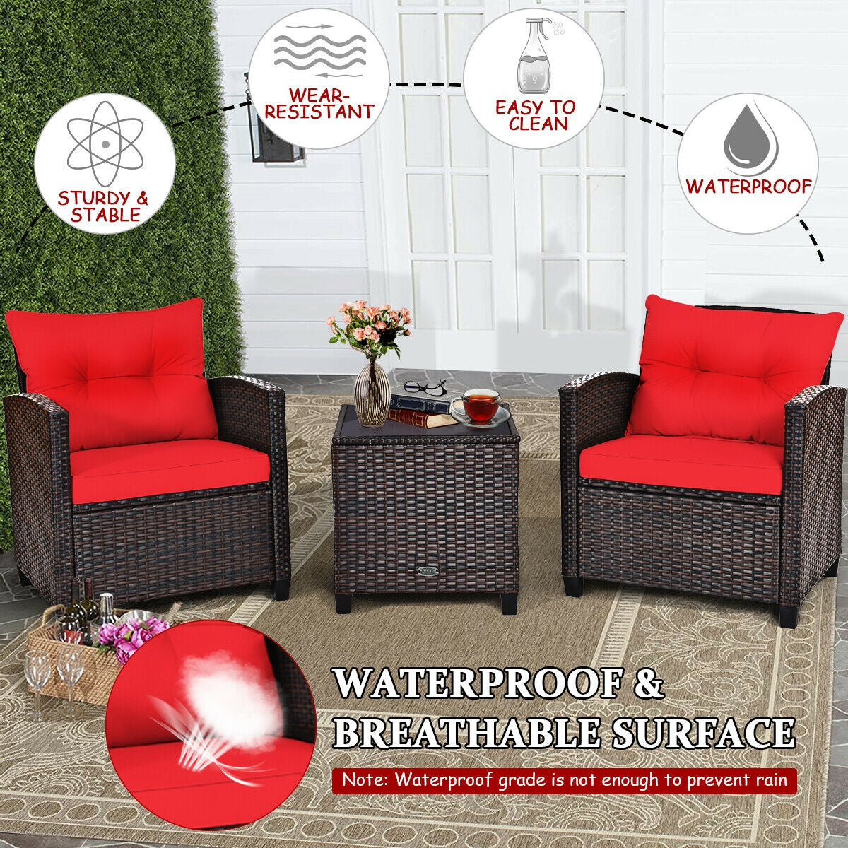 3 Pieces Cushioned Rattan Patio Conversation Set with Coffee Table-RedÂ