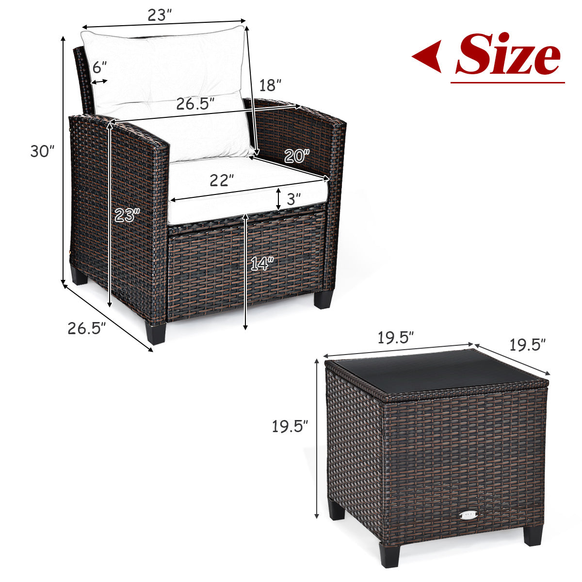 3 Pieces Cushioned Rattan Patio Conversation Set with Coffee Table-RedÂ