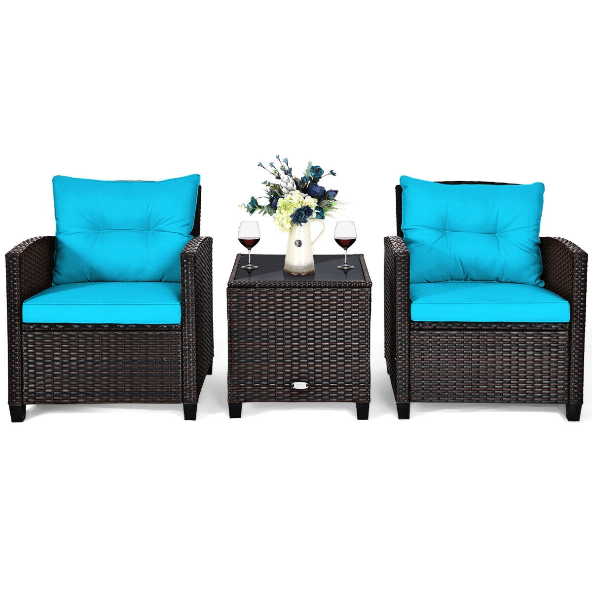 3 Pieces Cushioned Rattan Patio Conversation Set with Coffee Table-TurquoiseÂ