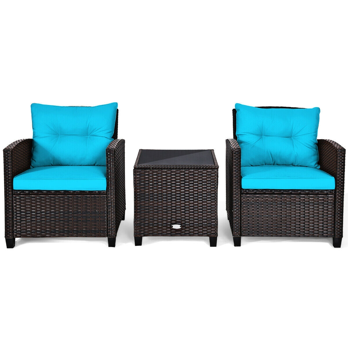 3 Pieces Cushioned Rattan Patio Conversation Set with Coffee Table-TurquoiseÂ