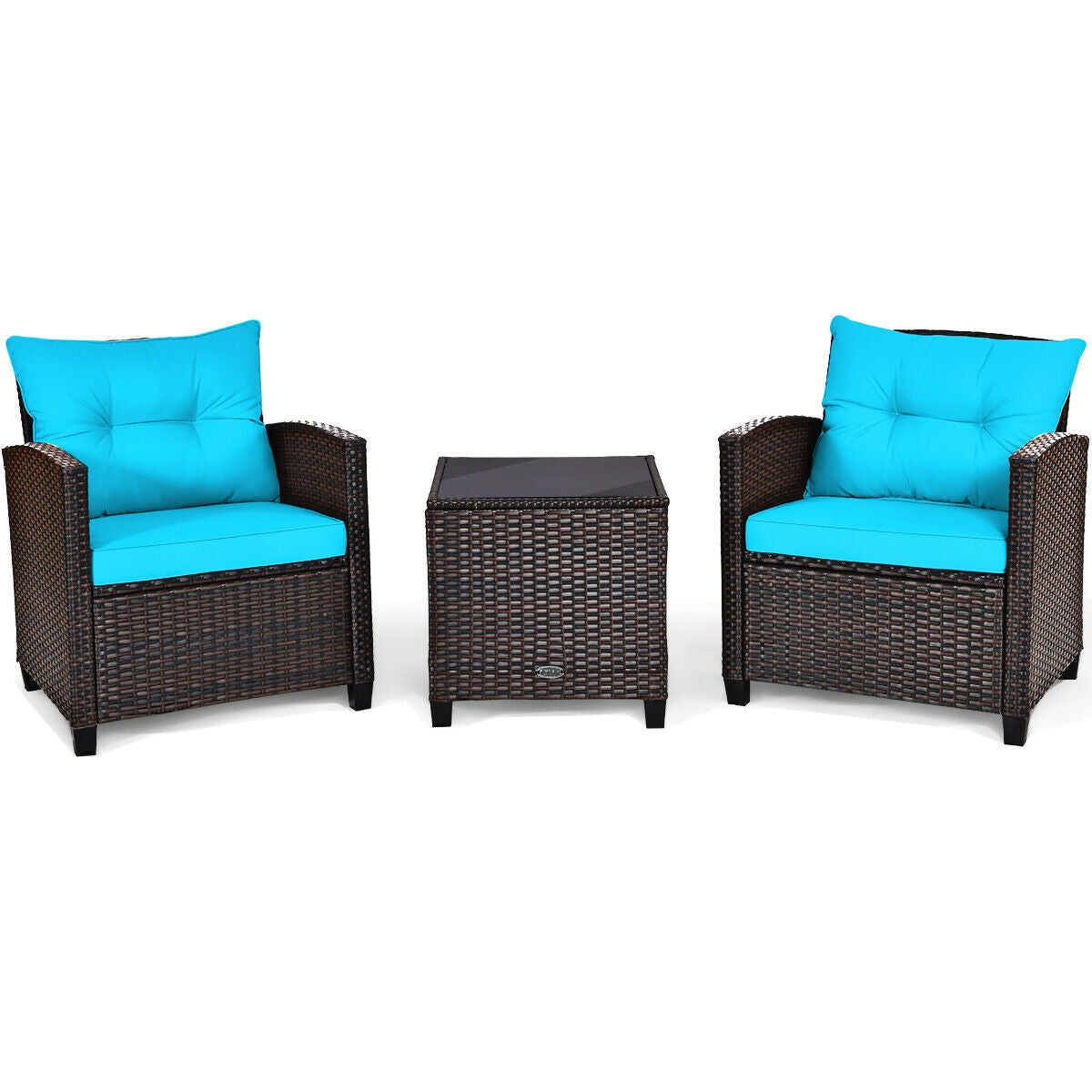 3 Pieces Cushioned Rattan Patio Conversation Set with Coffee Table-TurquoiseÂ