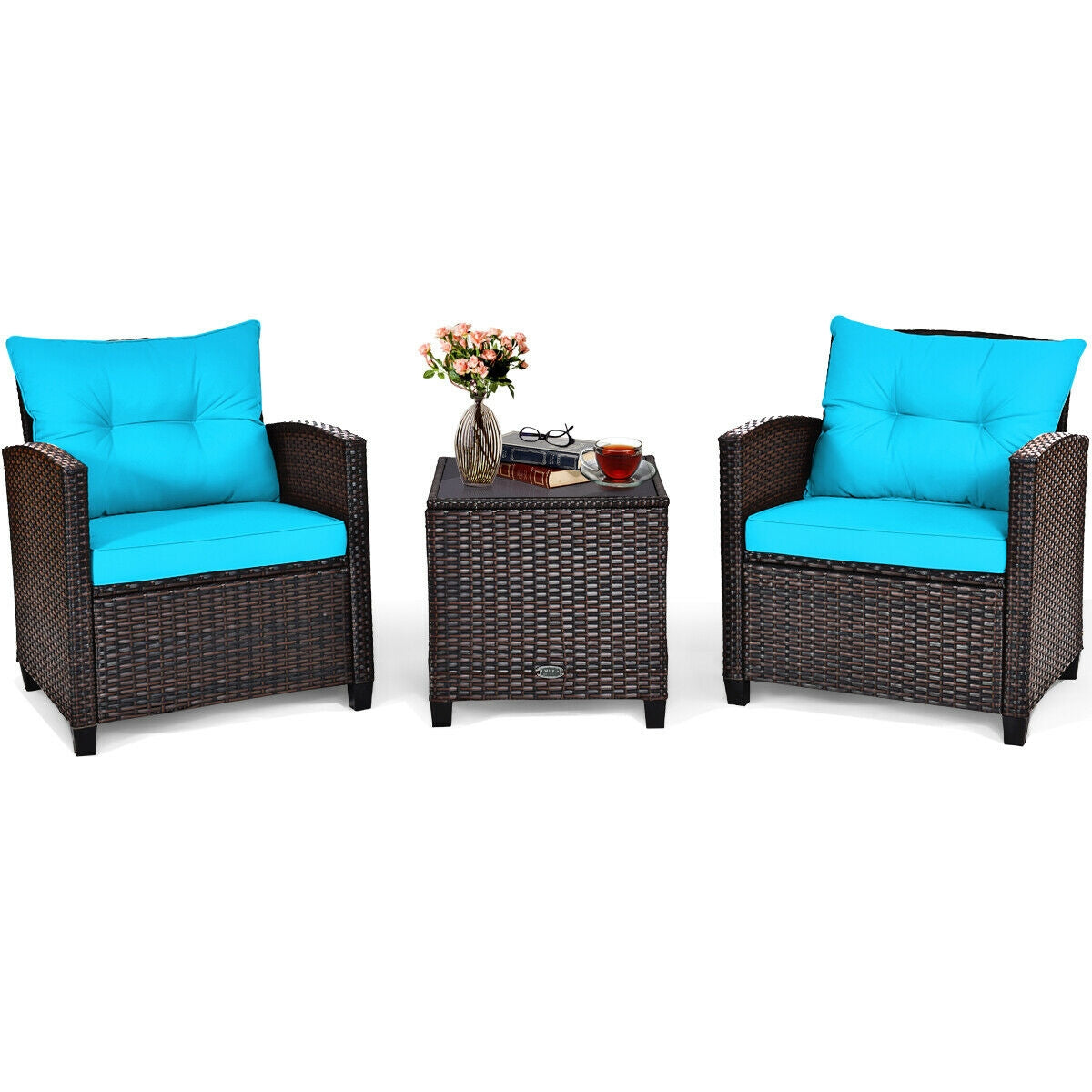 3 Pieces Cushioned Rattan Patio Conversation Set with Coffee Table-TurquoiseÂ