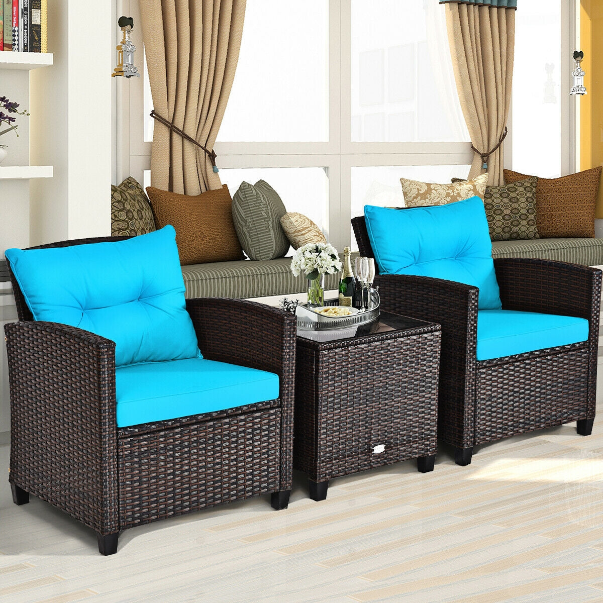 3 Pieces Cushioned Rattan Patio Conversation Set with Coffee Table-TurquoiseÂ