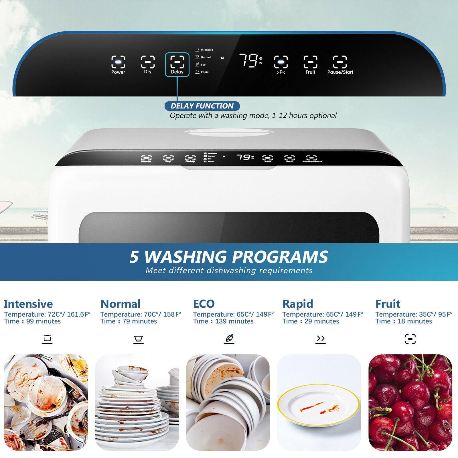 Countertop Air Drying Dishwasher with Water Tank and 5 ProgramsÂ