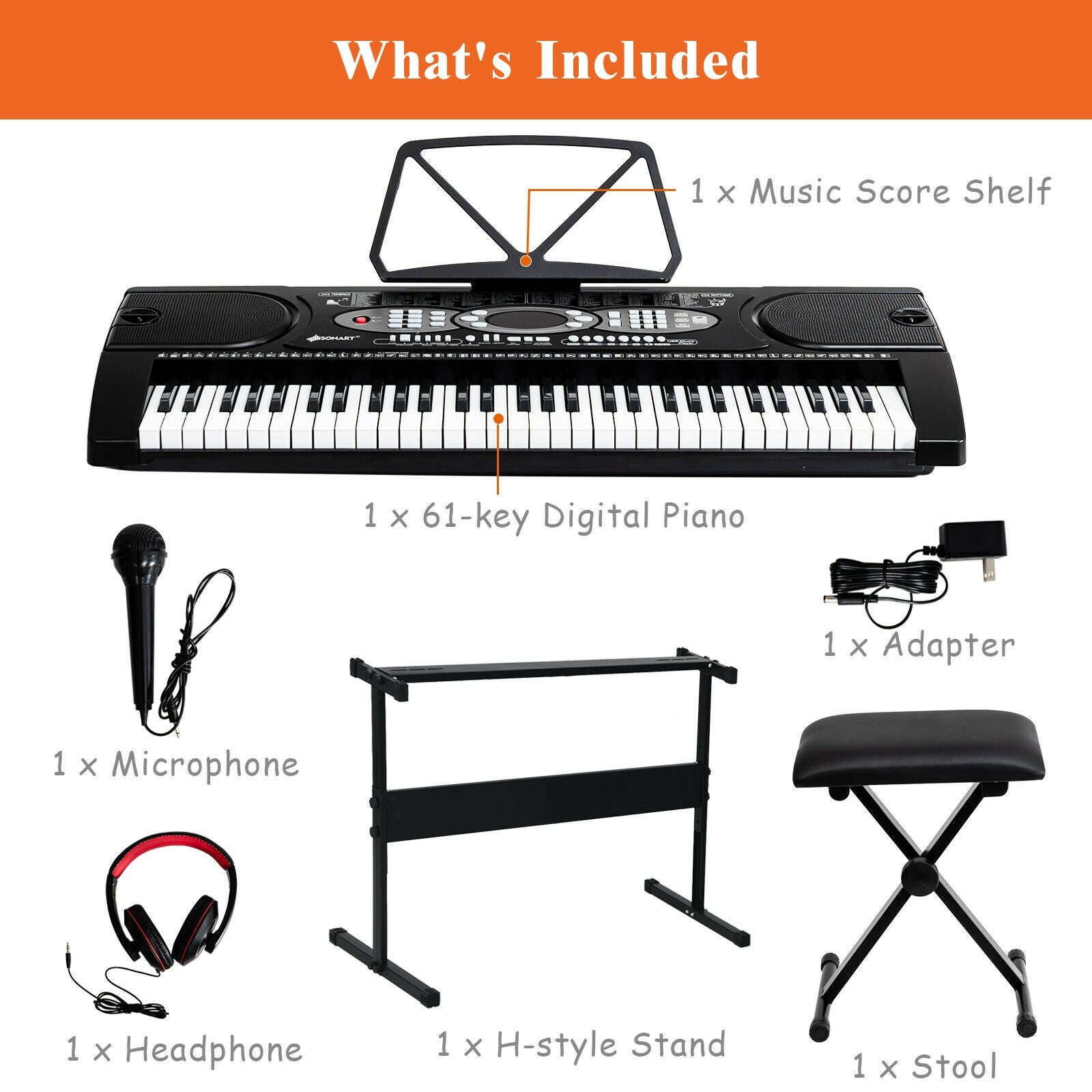 61 Key Electronic Piano with Lighted Keys Stand Bench HeadphoneÂ