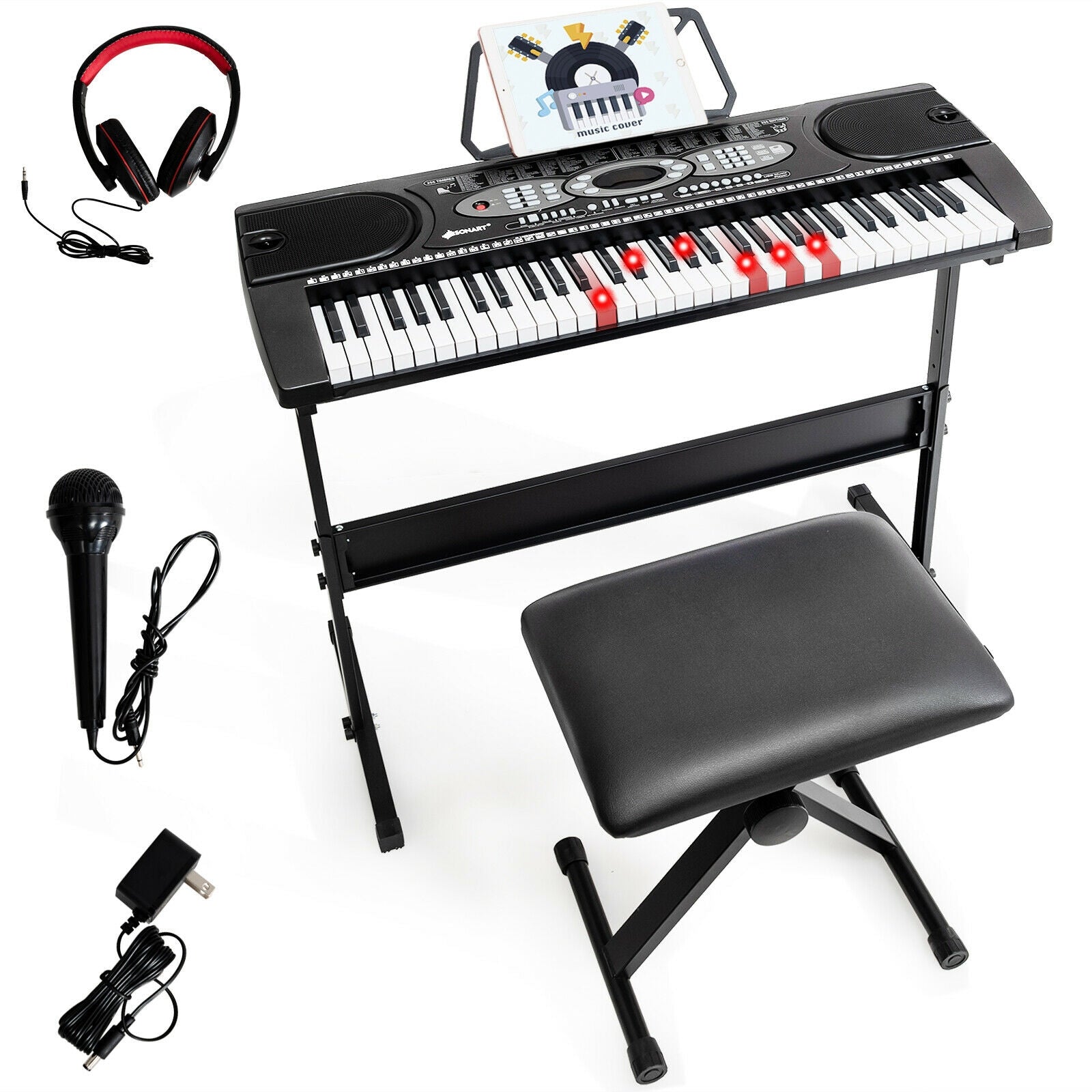 61 Key Electronic Piano with Lighted Keys Stand Bench HeadphoneÂ