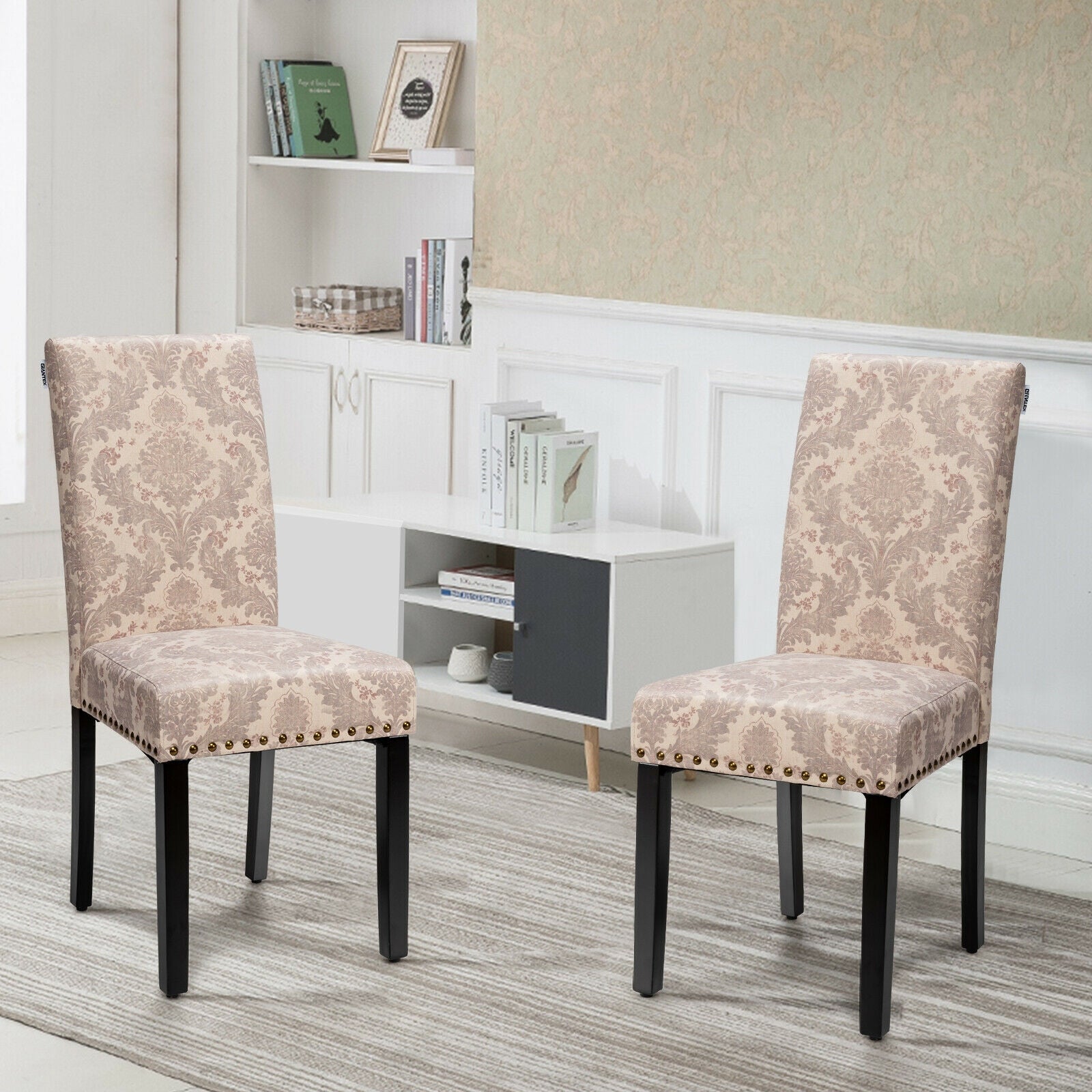Set of 2 Fabric Upholstered Dining Chairs with Nailhead-PinkÂ
