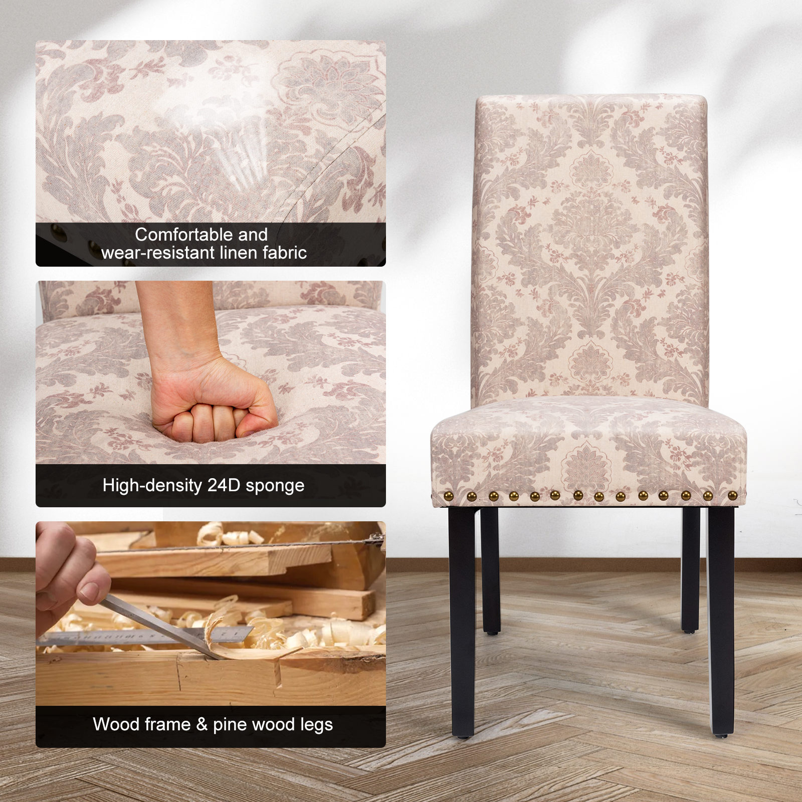 Set of 2 Fabric Upholstered Dining Chairs with Nailhead-PinkÂ