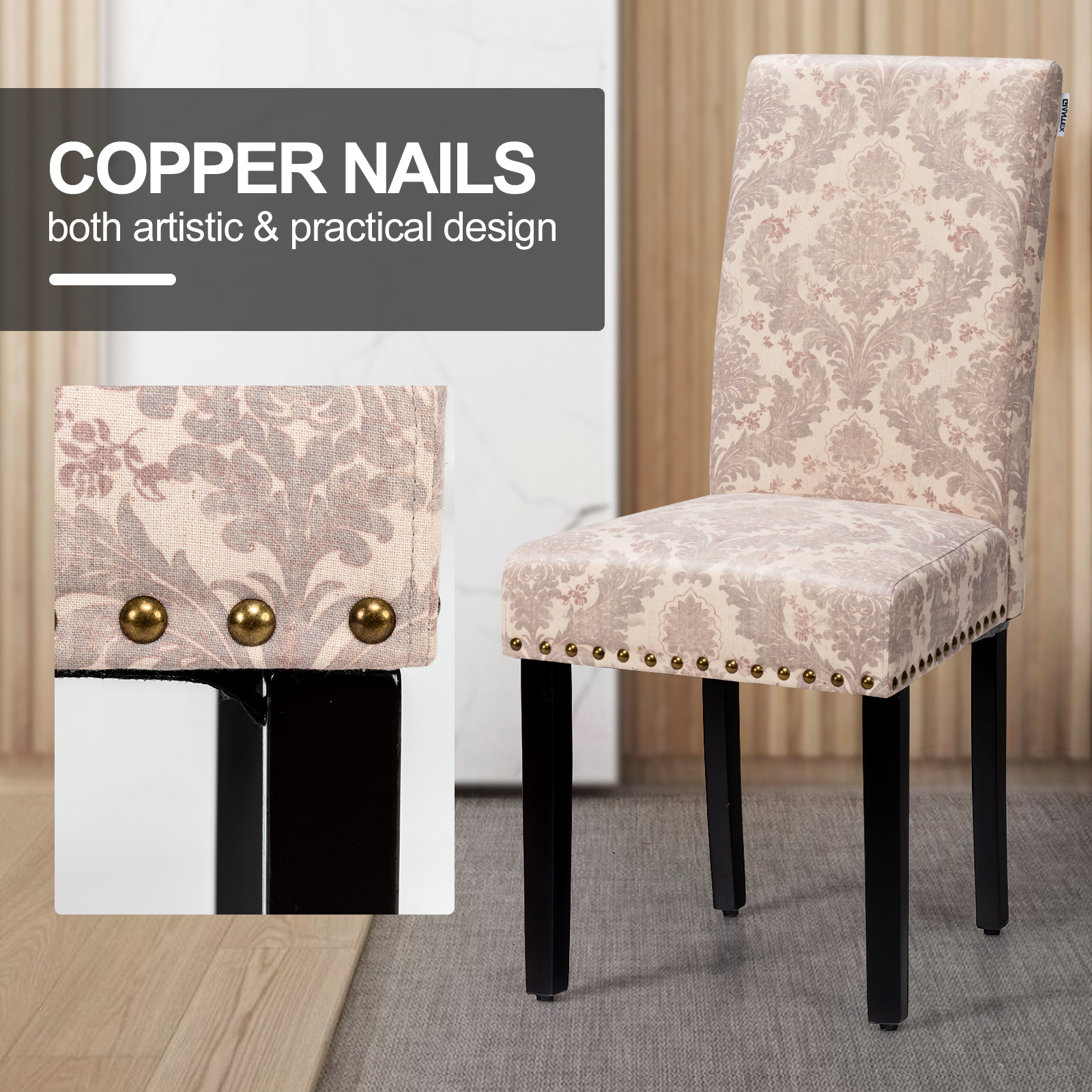 Set of 2 Fabric Upholstered Dining Chairs with Nailhead-PinkÂ