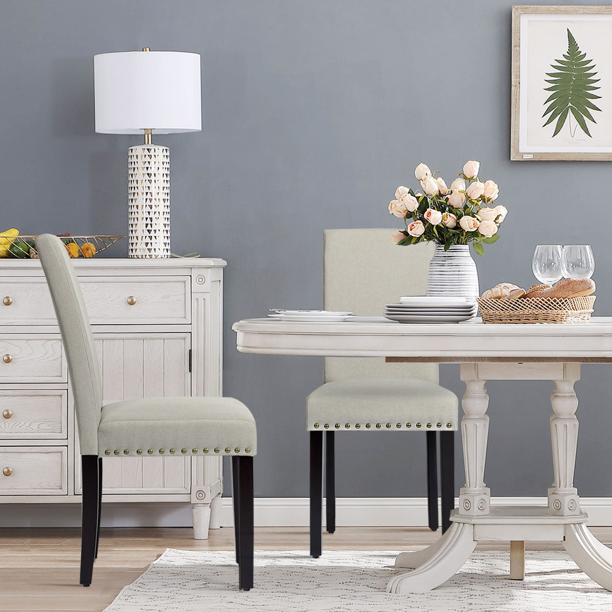 Set of 2 Fabric Upholstered Dining Chairs with Nailhead-Light SageÂ