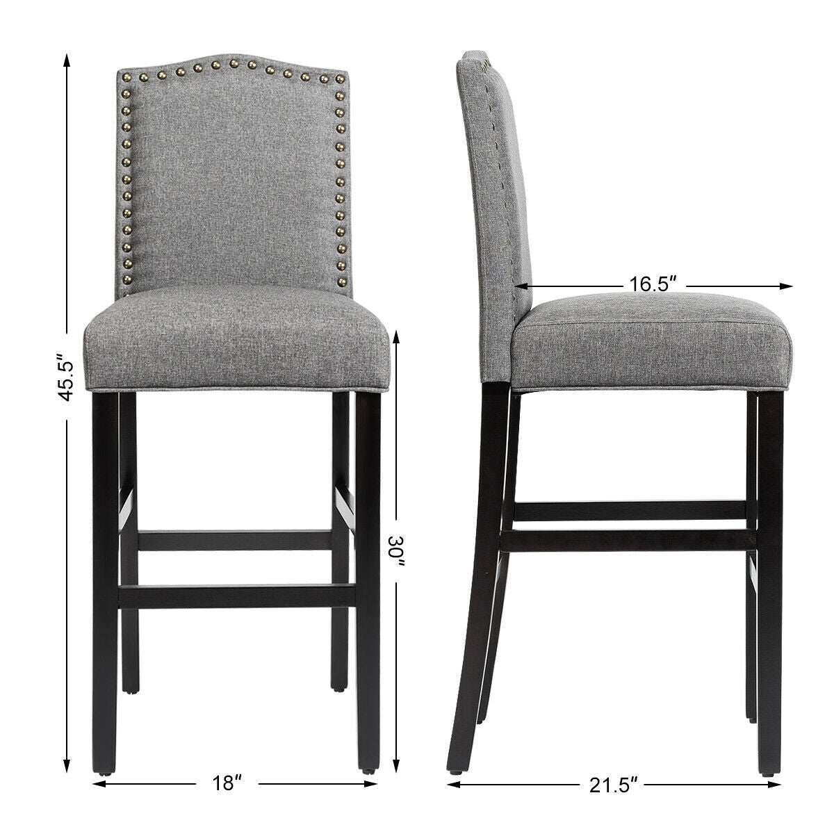 Set of 2 Bar Stools 30 Inch Upholstered Kitchen Nailhead Bar Chairs-GrayÂ