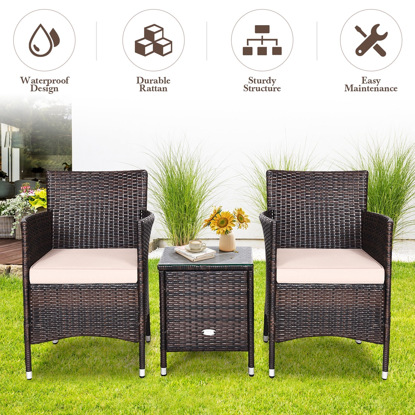 3 Pcs Patio Furniture Set Outdoor Wicker Rattan Set-BeigeÂ