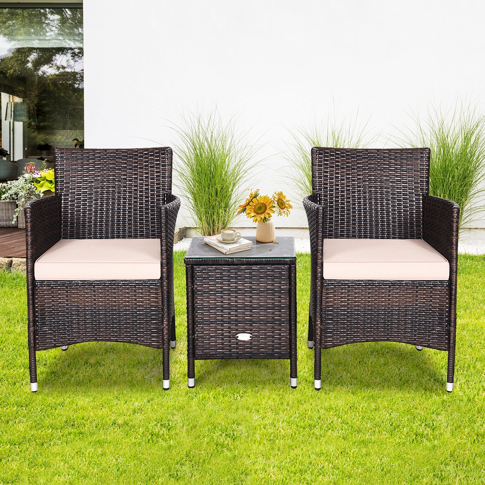 3 Pcs Patio Furniture Set Outdoor Wicker Rattan Set-BeigeÂ