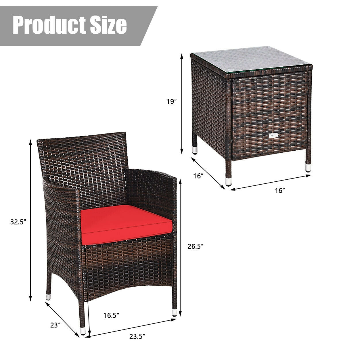3 Pcs Patio Furniture Set Outdoor Wicker Rattan Set-RedÂ