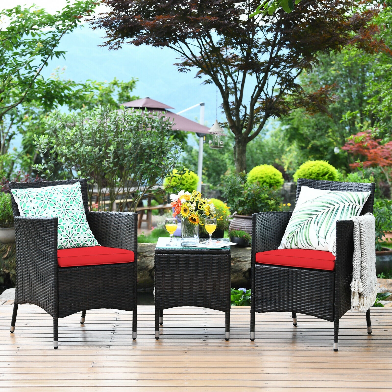 3 Pcs Patio Furniture Set Outdoor Wicker Rattan Set-RedÂ