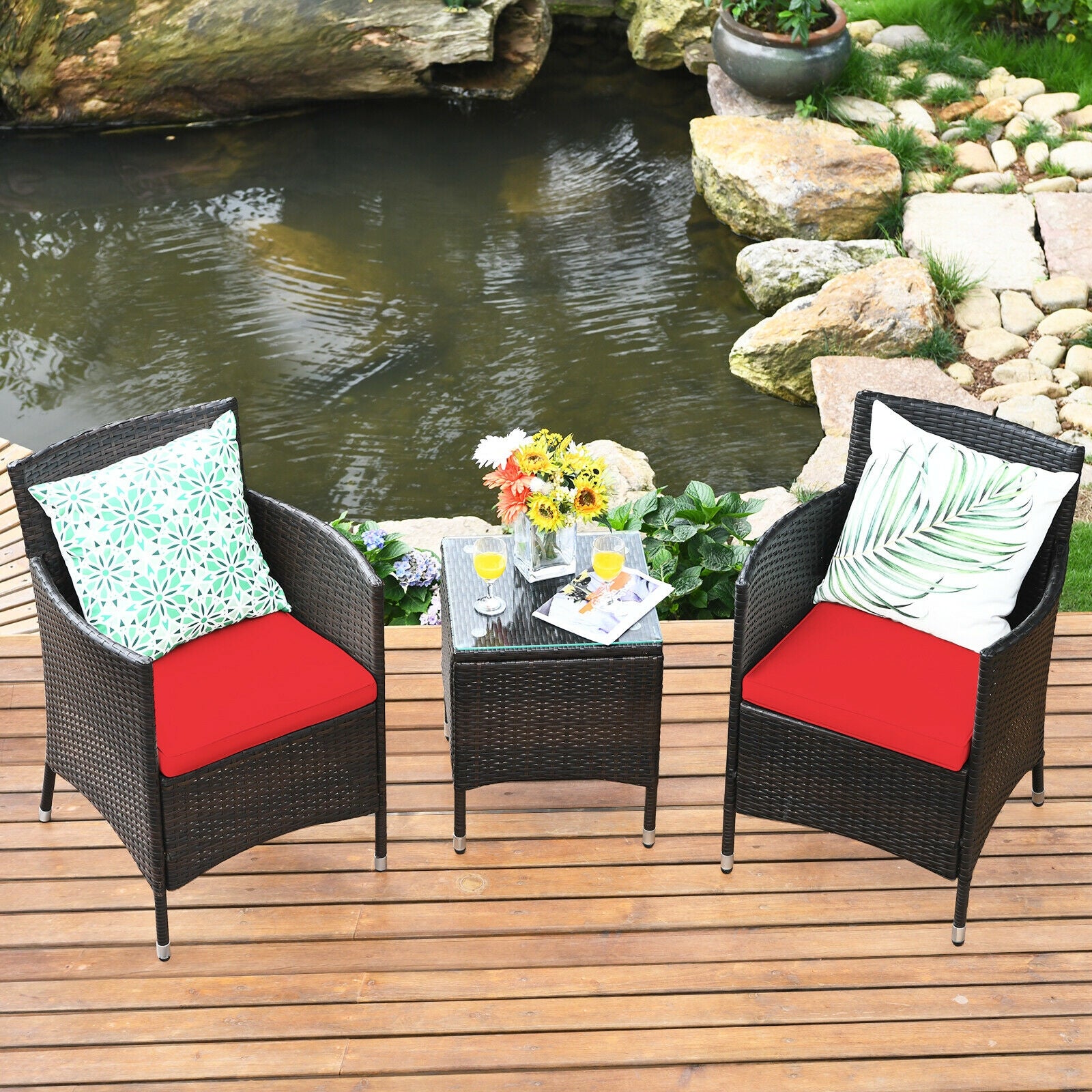 3 Pcs Patio Furniture Set Outdoor Wicker Rattan Set-RedÂ
