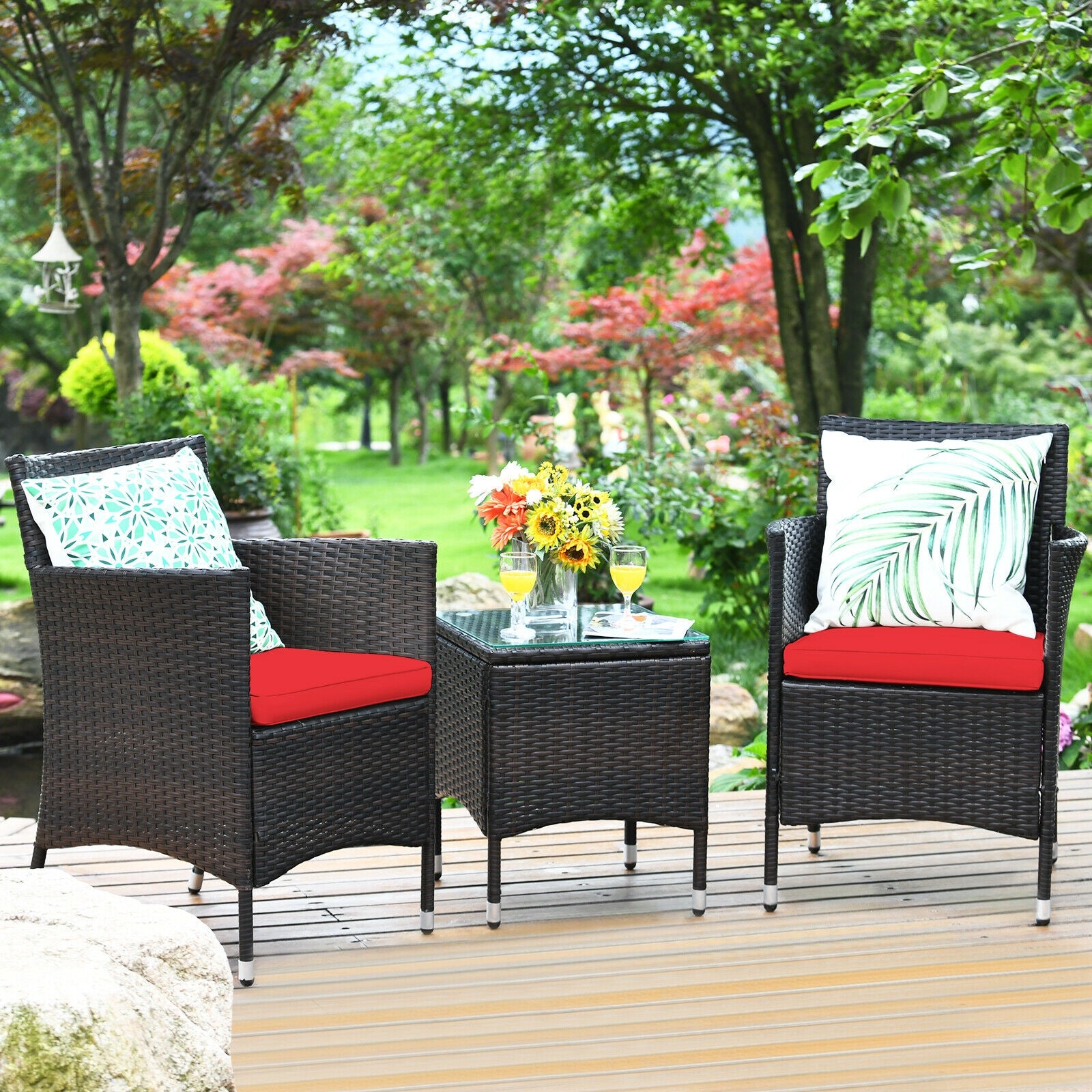 3 Pcs Patio Furniture Set Outdoor Wicker Rattan Set-RedÂ