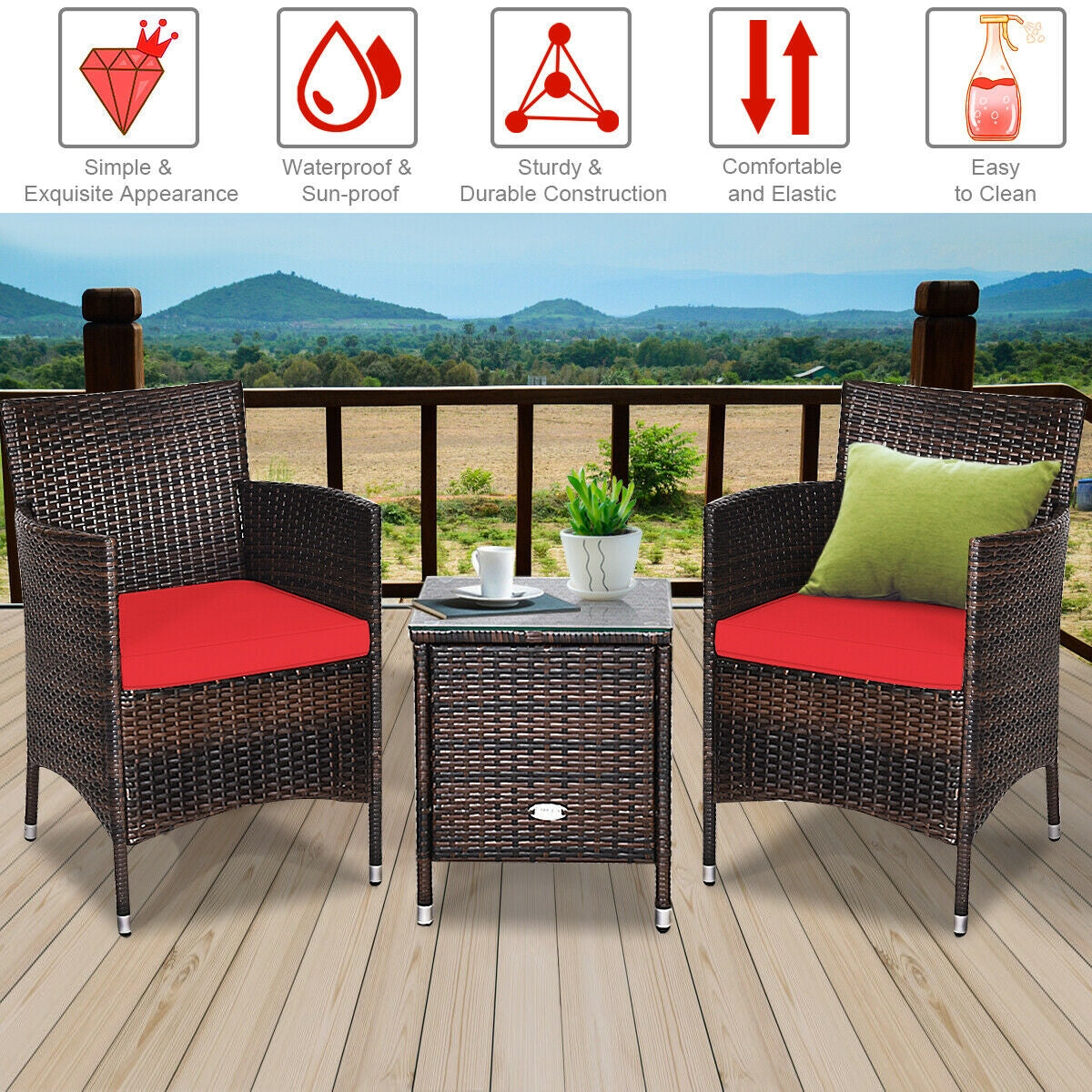 3 Pcs Patio Furniture Set Outdoor Wicker Rattan Set-RedÂ