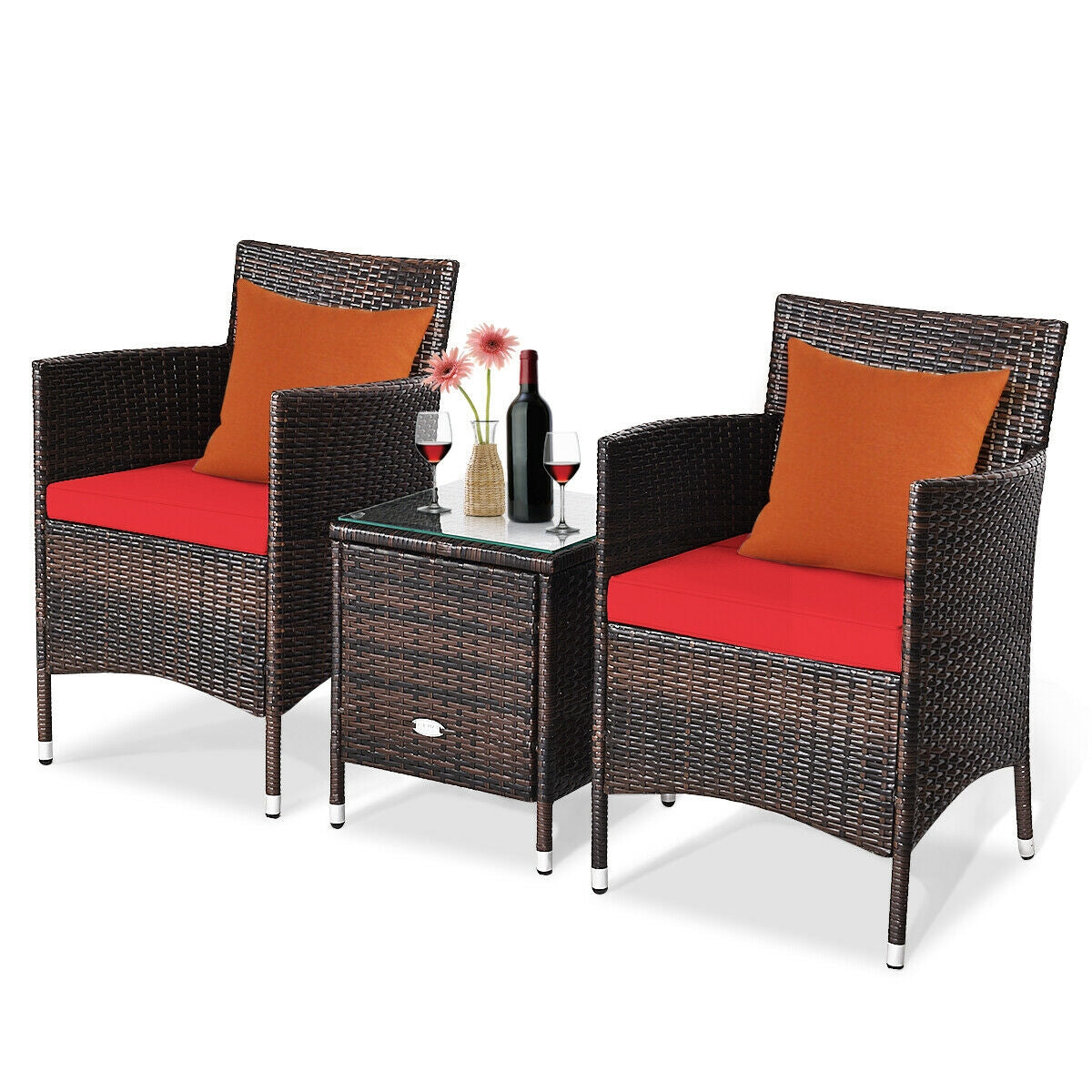 3 Pcs Patio Furniture Set Outdoor Wicker Rattan Set-RedÂ