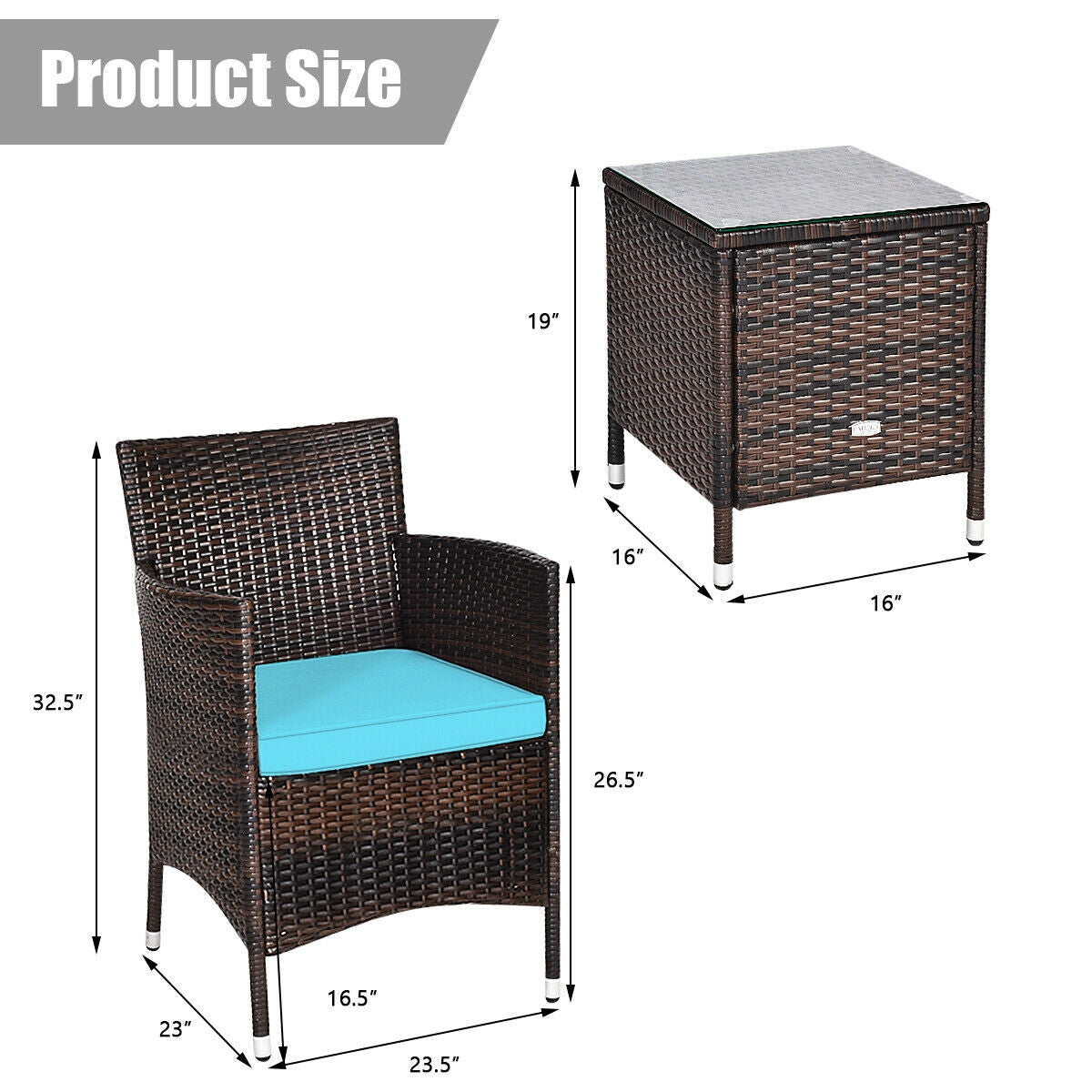 3 Pcs Patio Furniture Set Outdoor Wicker Rattan Set-BlueÂ