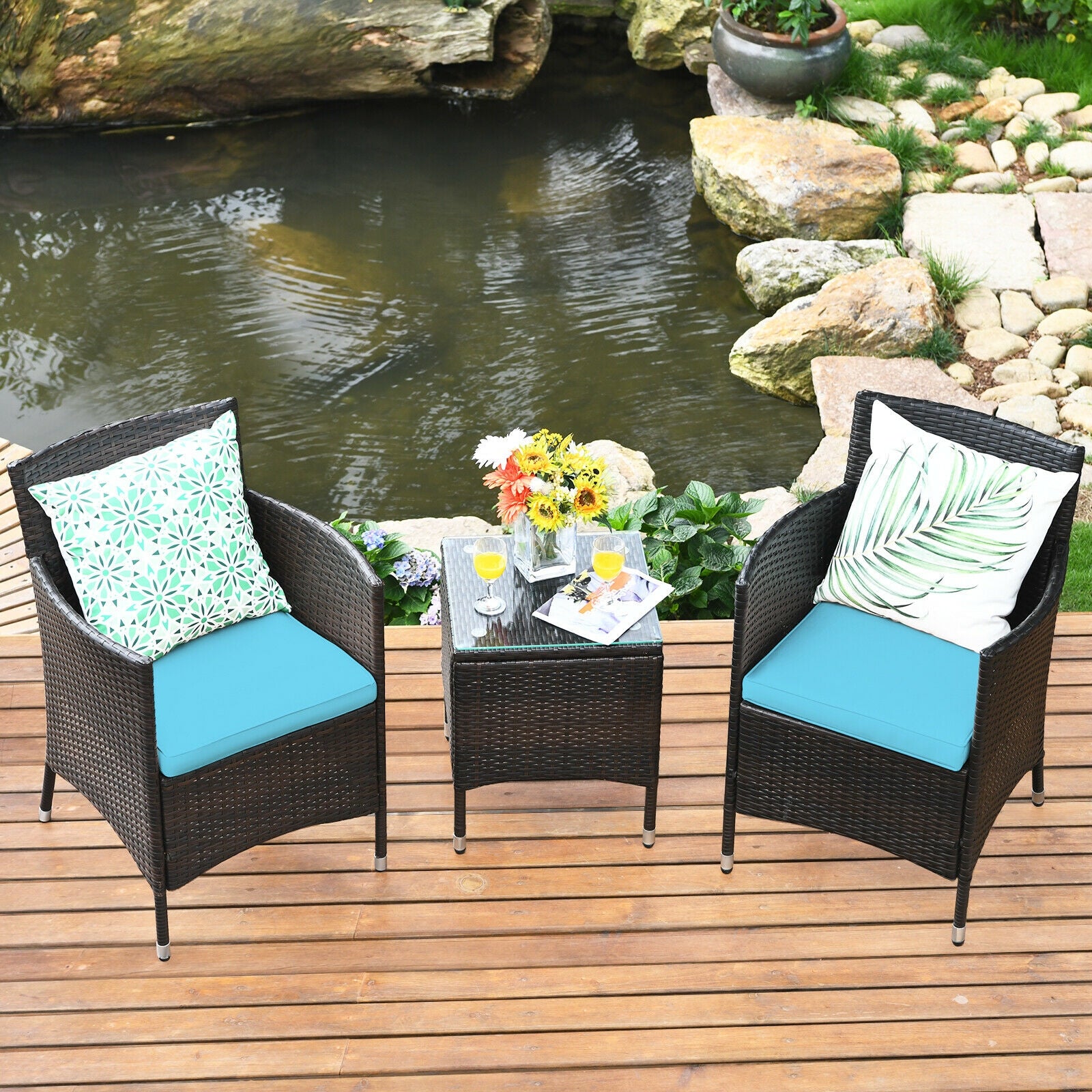 3 Pcs Patio Furniture Set Outdoor Wicker Rattan Set-BlueÂ