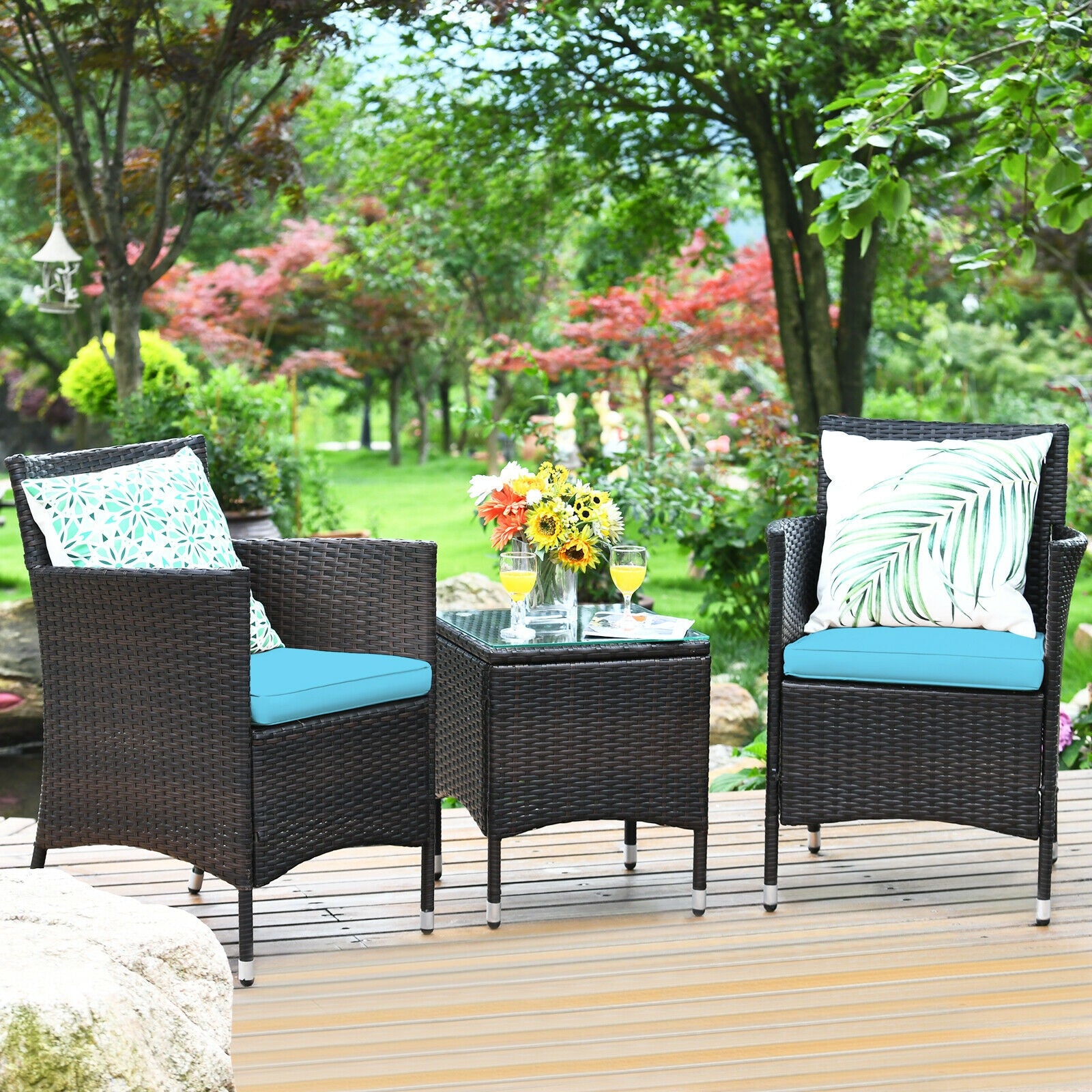 3 Pcs Patio Furniture Set Outdoor Wicker Rattan Set-BlueÂ