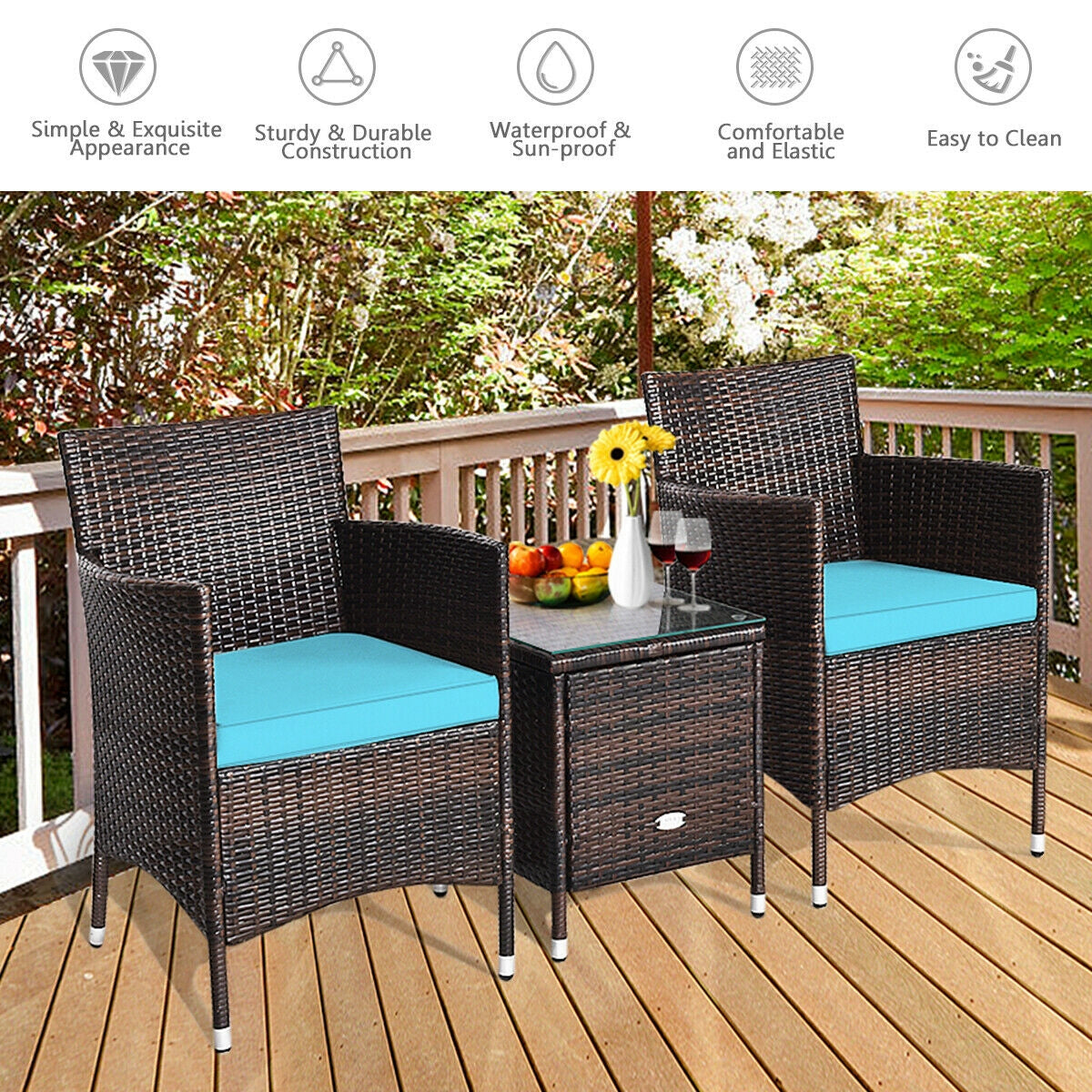 3 Pcs Patio Furniture Set Outdoor Wicker Rattan Set-BlueÂ
