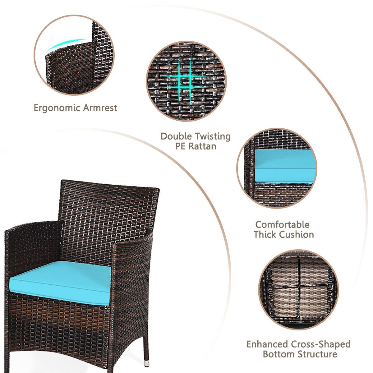 3 Pcs Patio Furniture Set Outdoor Wicker Rattan Set-BlueÂ