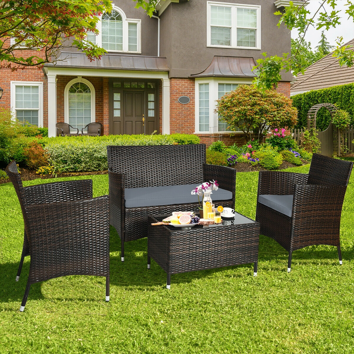 4 Pieces Comfortable Outdoor Rattan Sofa Set with Glass Coffee Table-GrayÂ