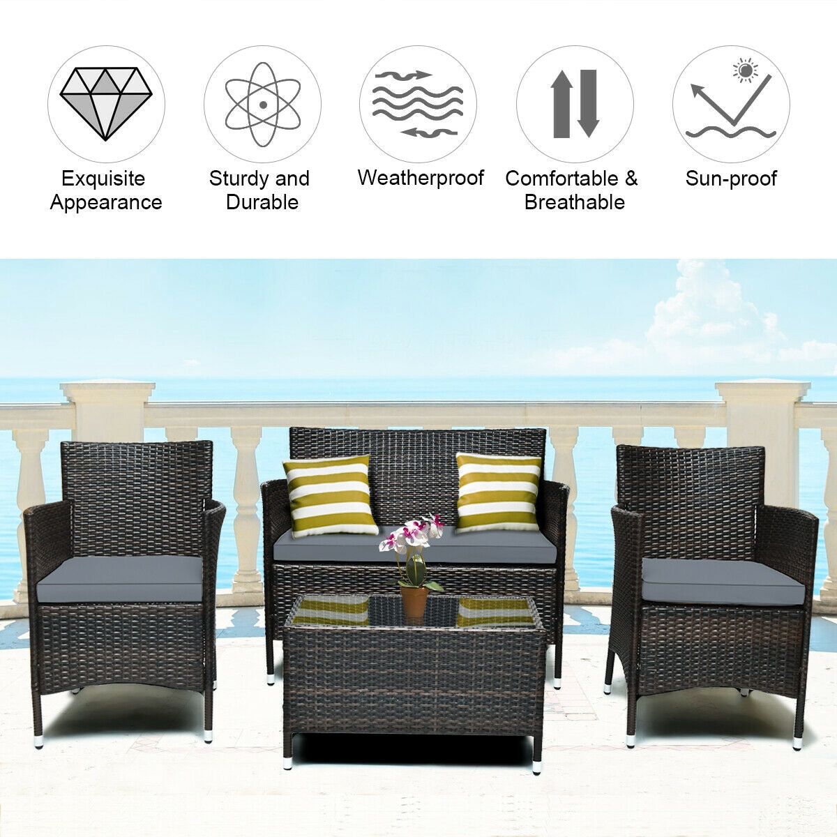 4 Pieces Comfortable Outdoor Rattan Sofa Set with Glass Coffee Table-GrayÂ