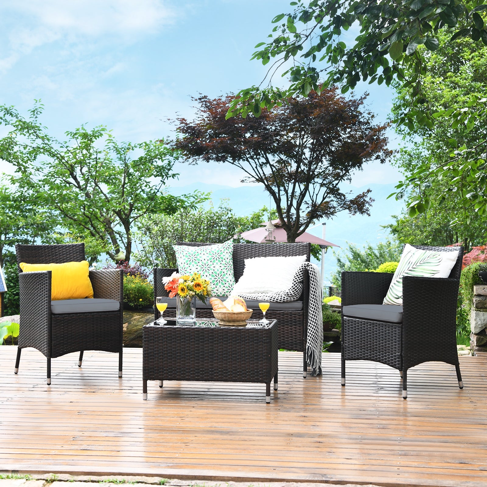 4 Pieces Comfortable Outdoor Rattan Sofa Set with Glass Coffee Table-GrayÂ