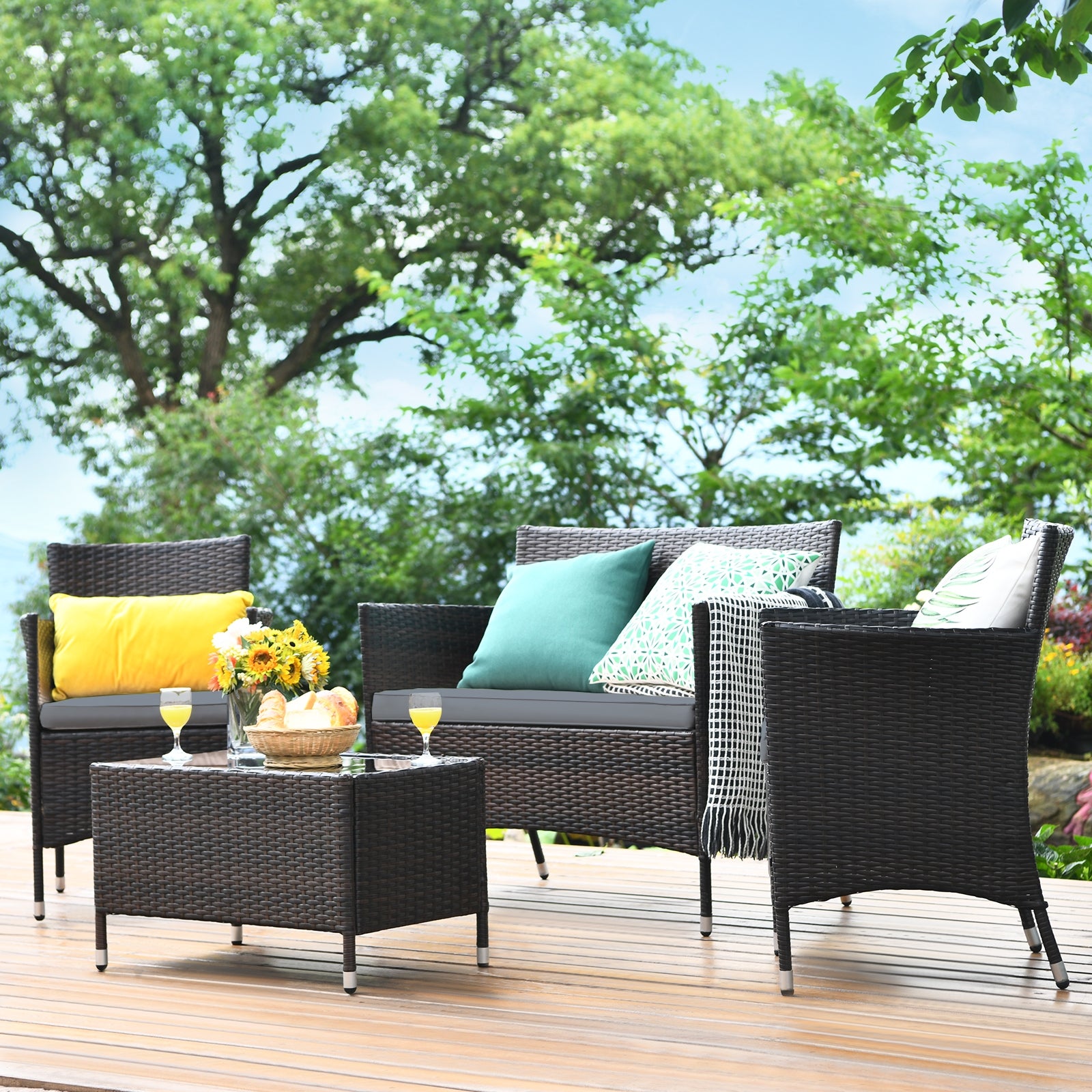 4 Pieces Comfortable Outdoor Rattan Sofa Set with Glass Coffee Table-GrayÂ