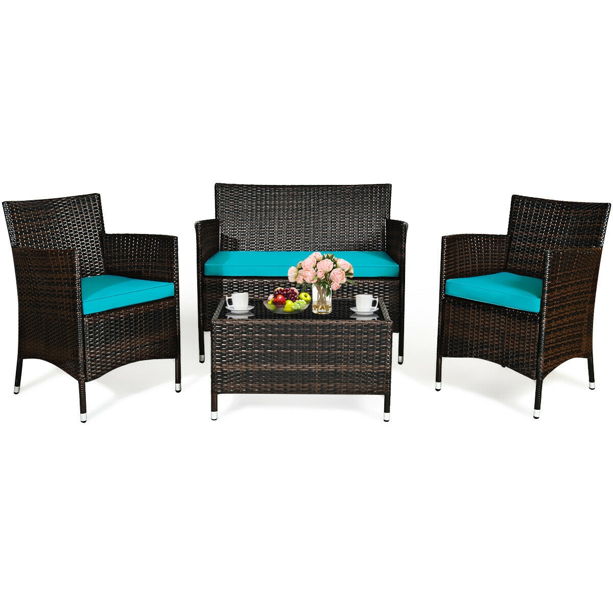 4 Pieces Comfortable Outdoor Rattan Sofa Set with Glass Coffee Table-TurquoiseÂ