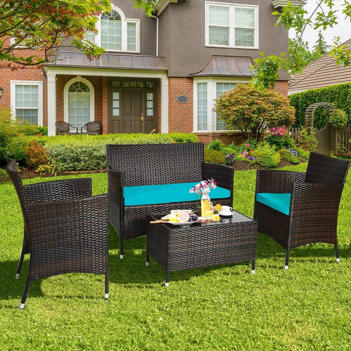 4 Pieces Comfortable Outdoor Rattan Sofa Set with Glass Coffee Table-TurquoiseÂ