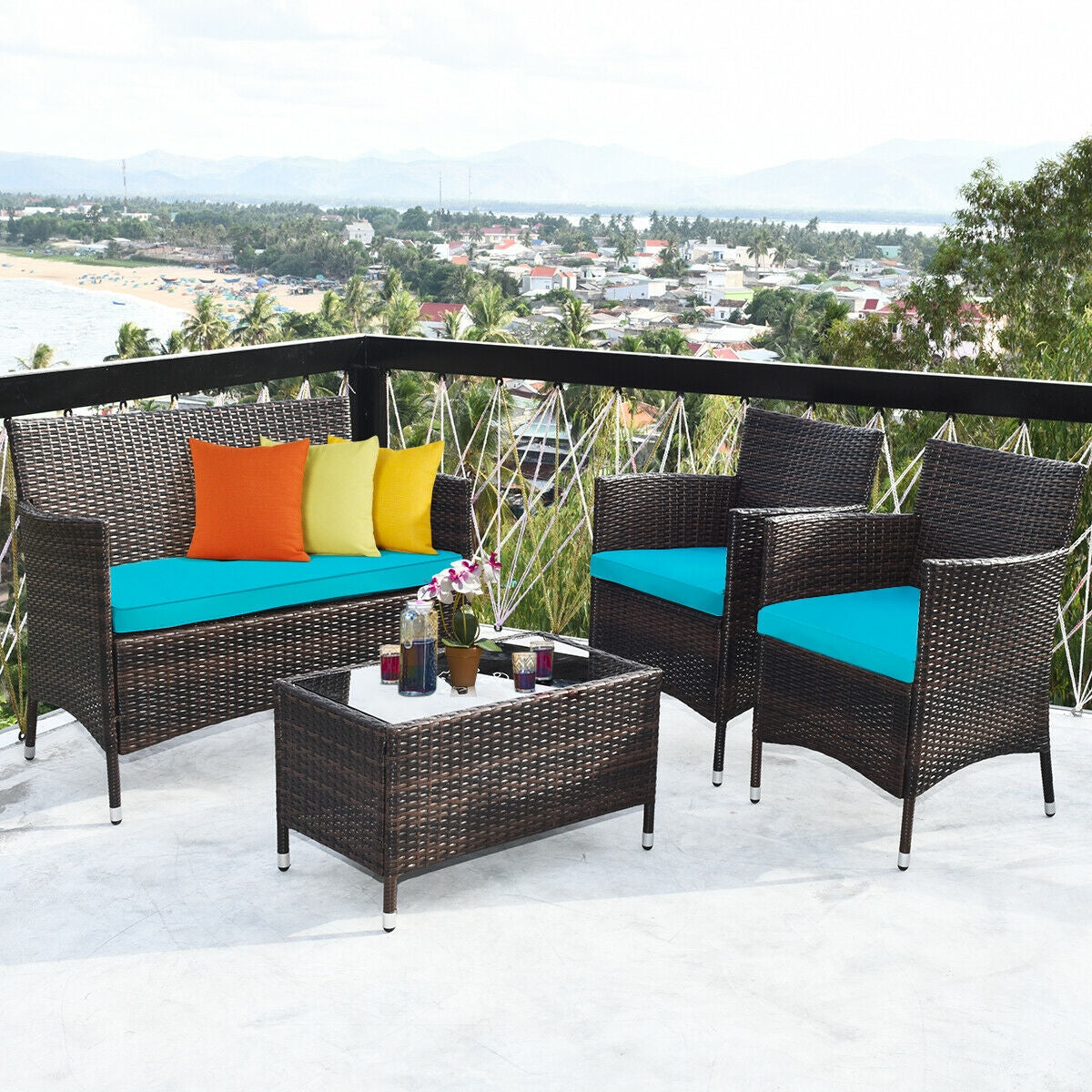 4 Pieces Comfortable Outdoor Rattan Sofa Set with Glass Coffee Table-TurquoiseÂ