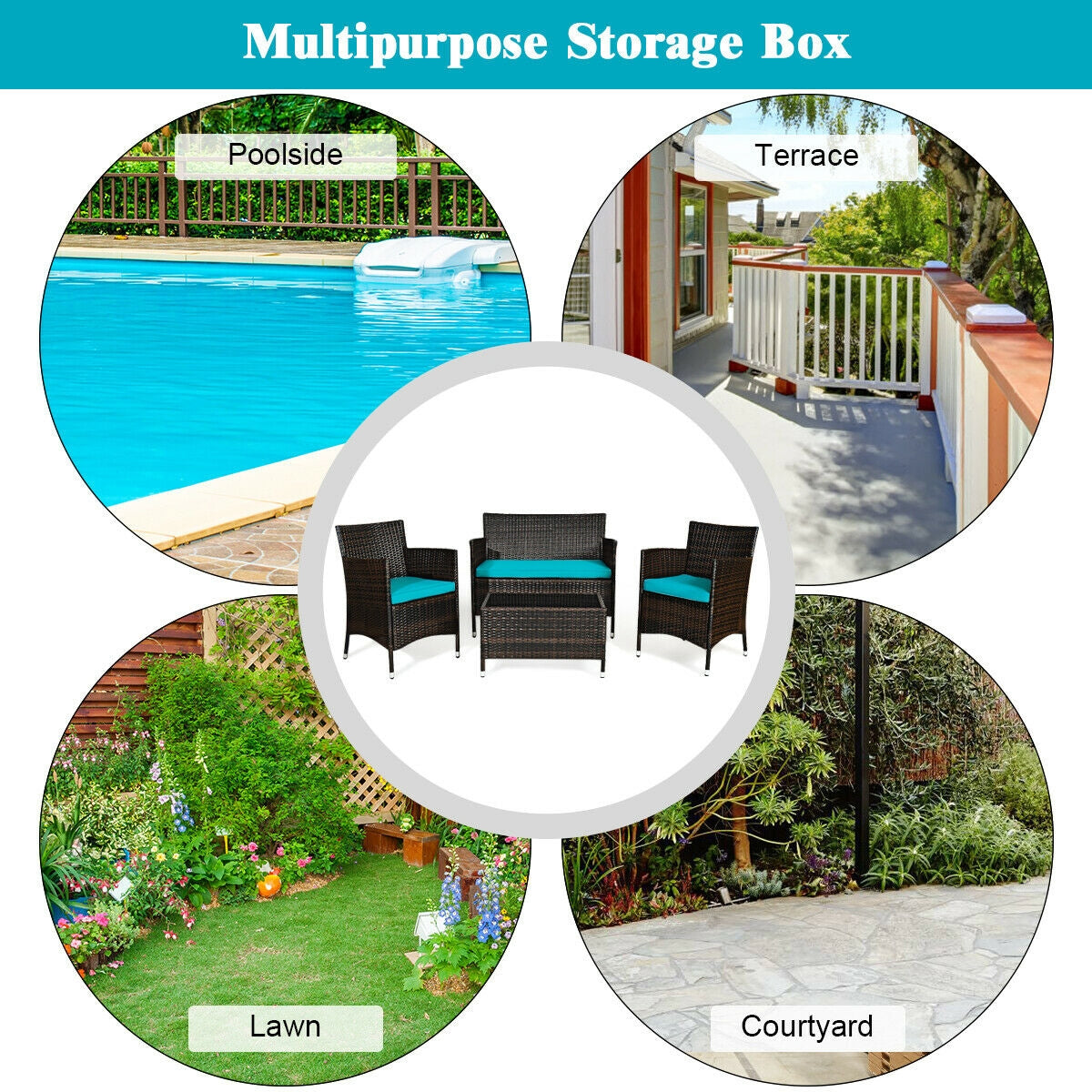 4 Pieces Comfortable Outdoor Rattan Sofa Set with Glass Coffee Table-TurquoiseÂ