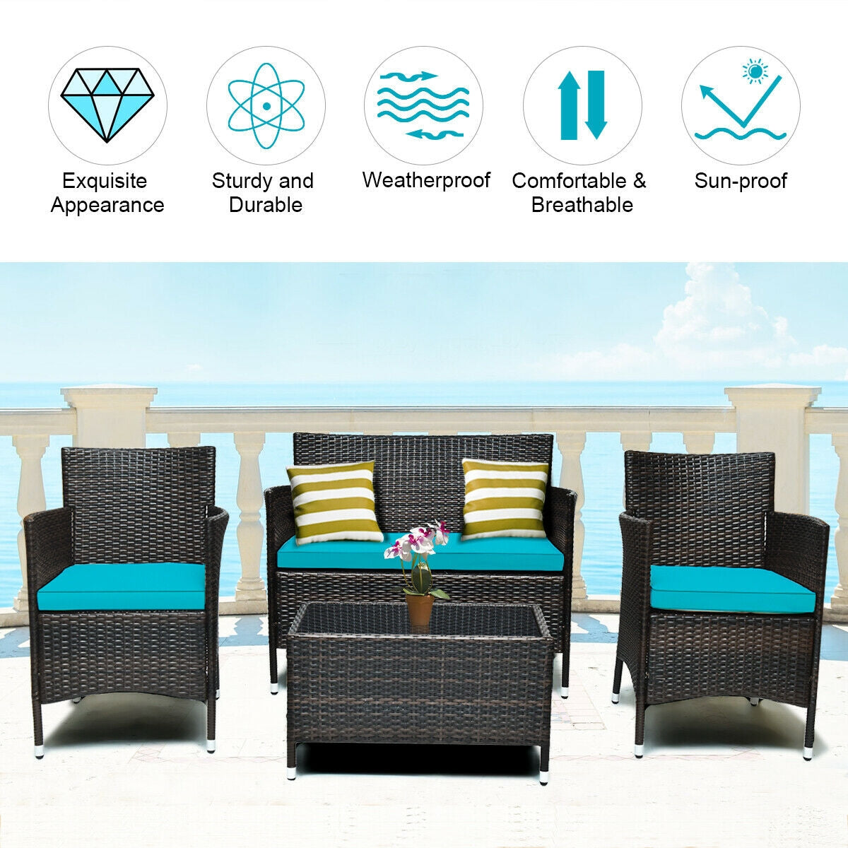 4 Pieces Comfortable Outdoor Rattan Sofa Set with Glass Coffee Table-TurquoiseÂ