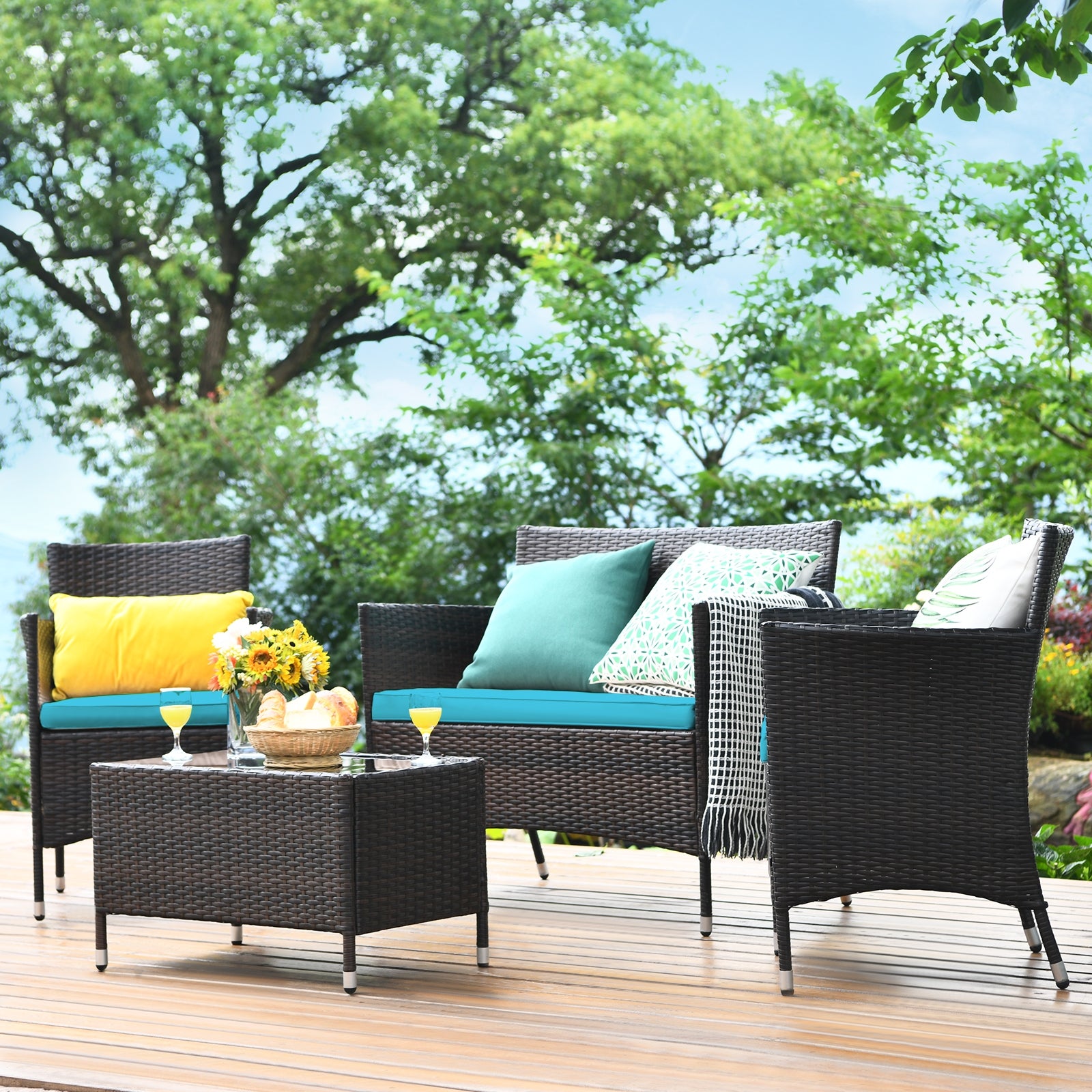4 Pieces Comfortable Outdoor Rattan Sofa Set with Glass Coffee Table-TurquoiseÂ