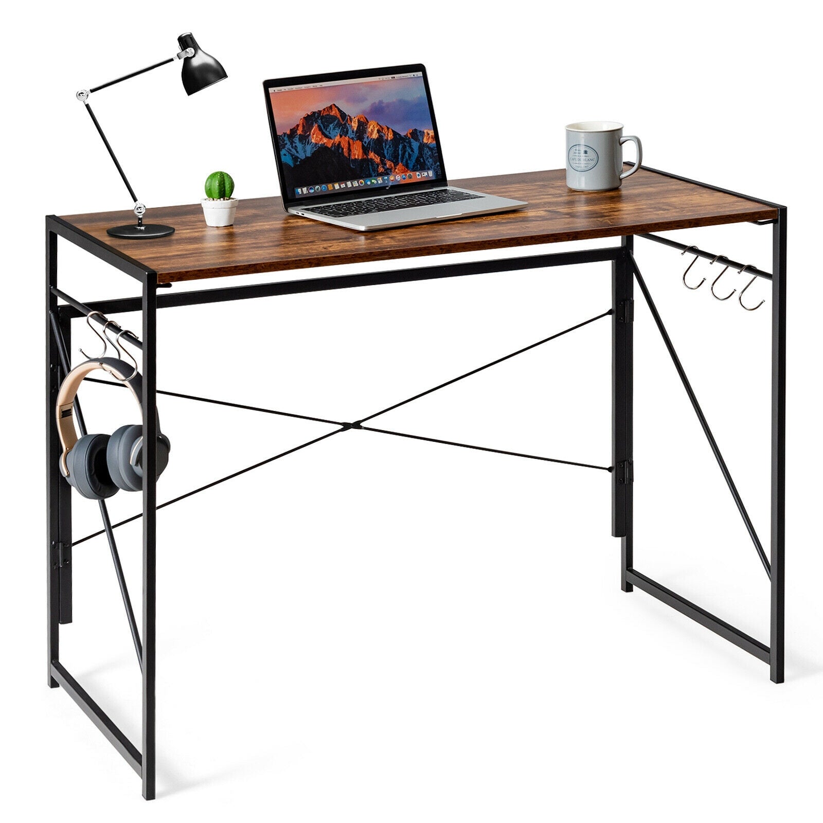 Folding Computer Desk Writing Study Desk Home Office with 6 Hooks-Rustic BrownÂ