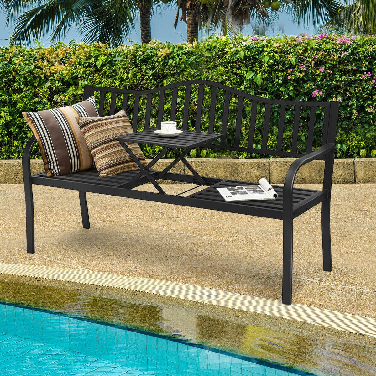 Patio Garden Bench Steel Frame with Adjustable Center TableÂ