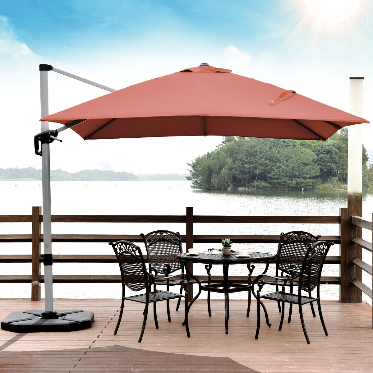 10 ft 360 Degree Tilt Aluminum Square Patio Offset Cantilever Umbrella without Weight Base-Brick redÂ