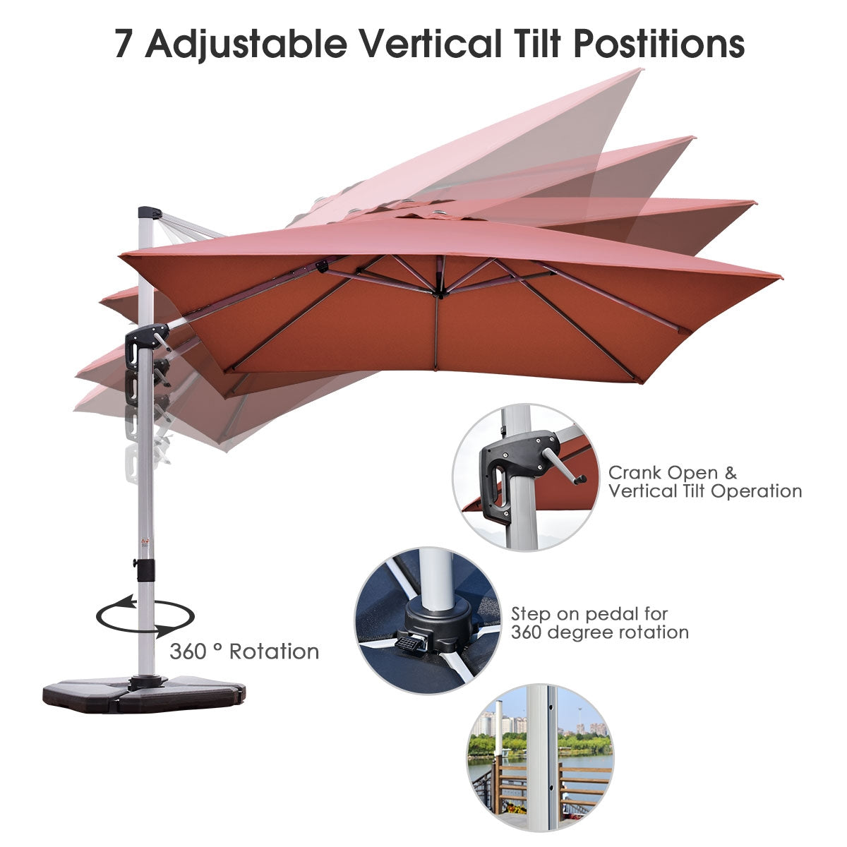 10 ft 360 Degree Tilt Aluminum Square Patio Offset Cantilever Umbrella without Weight Base-Brick redÂ