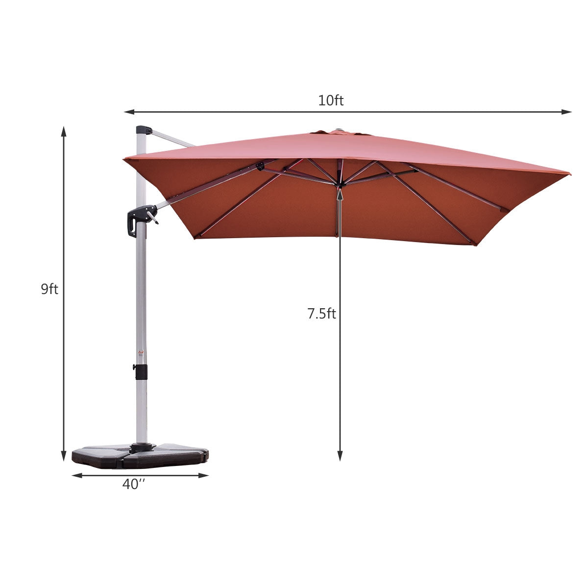 10 ft 360 Degree Tilt Aluminum Square Patio Offset Cantilever Umbrella without Weight Base-Brick redÂ