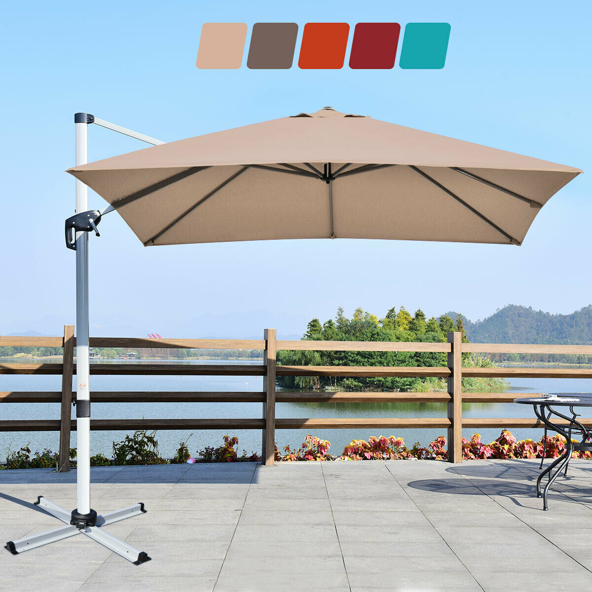 10 ft 360 Degree Tilt Aluminum Square Patio Offset Cantilever Umbrella without Weight Base-TanÂ