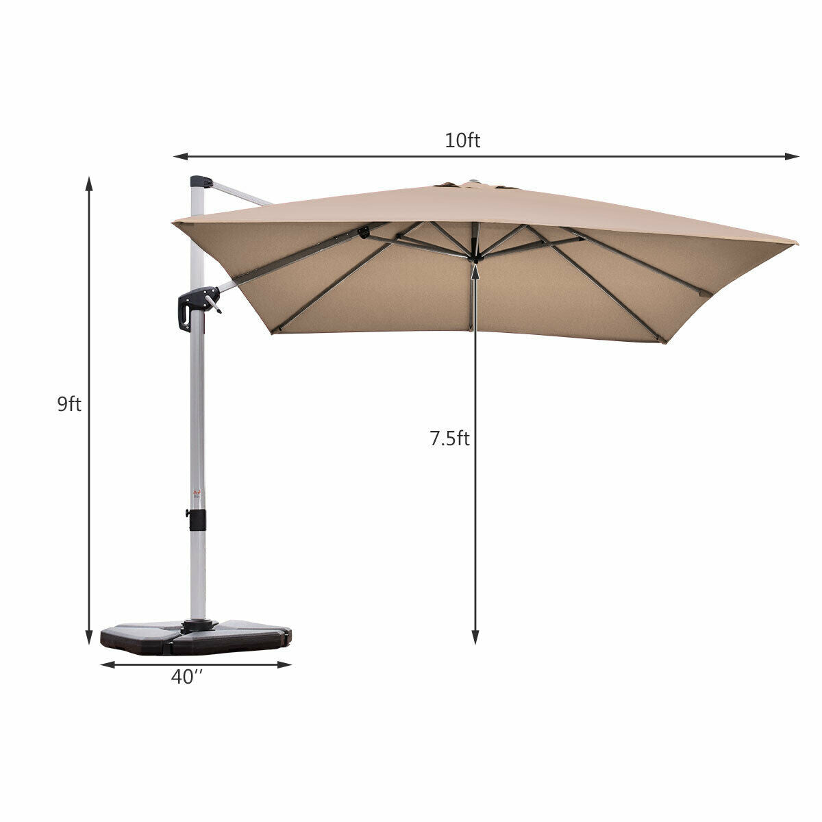 10 ft 360 Degree Tilt Aluminum Square Patio Offset Cantilever Umbrella without Weight Base-TanÂ