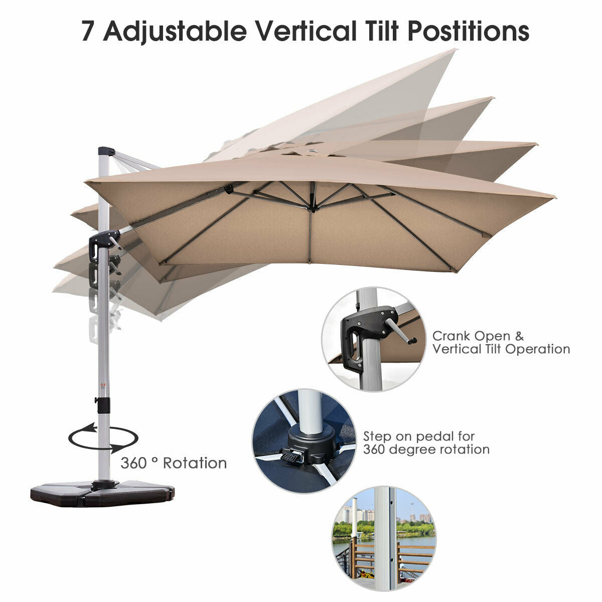 10 ft 360 Degree Tilt Aluminum Square Patio Offset Cantilever Umbrella without Weight Base-TanÂ