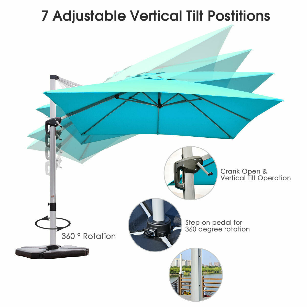 10 ft 360 Degree Tilt Aluminum Square Patio Offset Cantilever Umbrella without Weight Base-BlueÂ