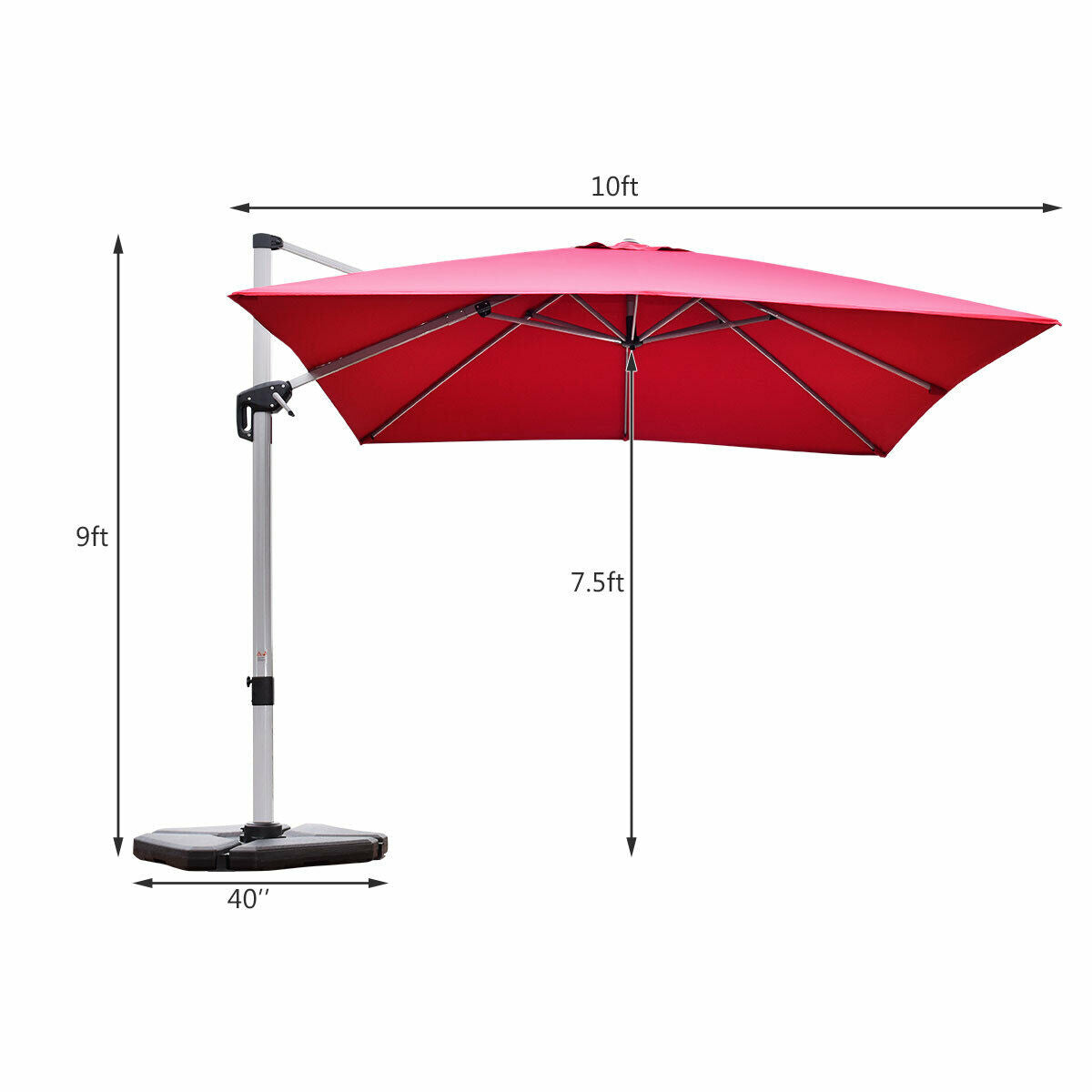 10 ft 360 Degree Tilt Aluminum Square Patio Offset Cantilever Umbrella without Weight Base-BurgundyÂ